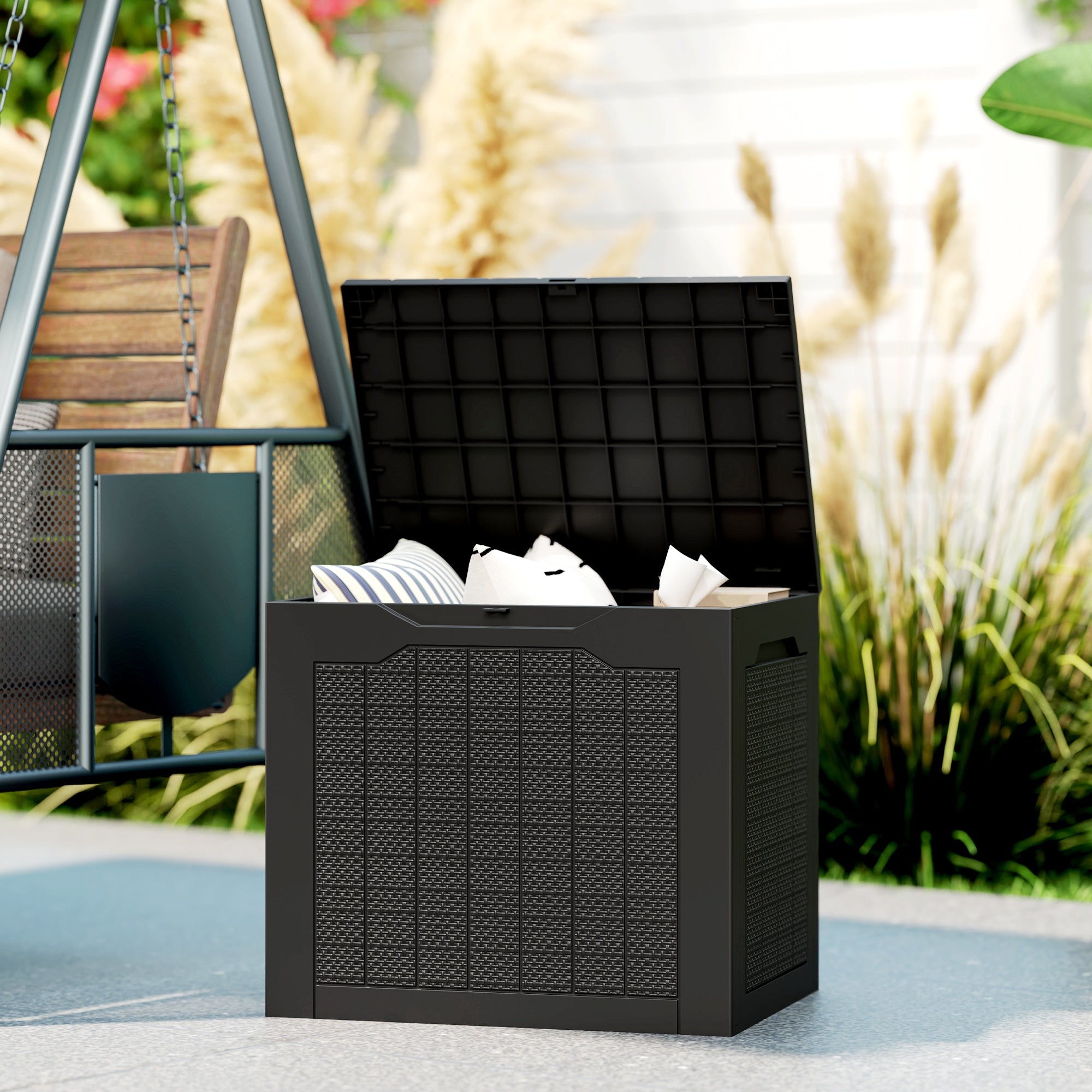 93L Plastic Garden Storage Box, Outdoor Storage Box with Handles, Waterproof Outdoor Storage Container, Black