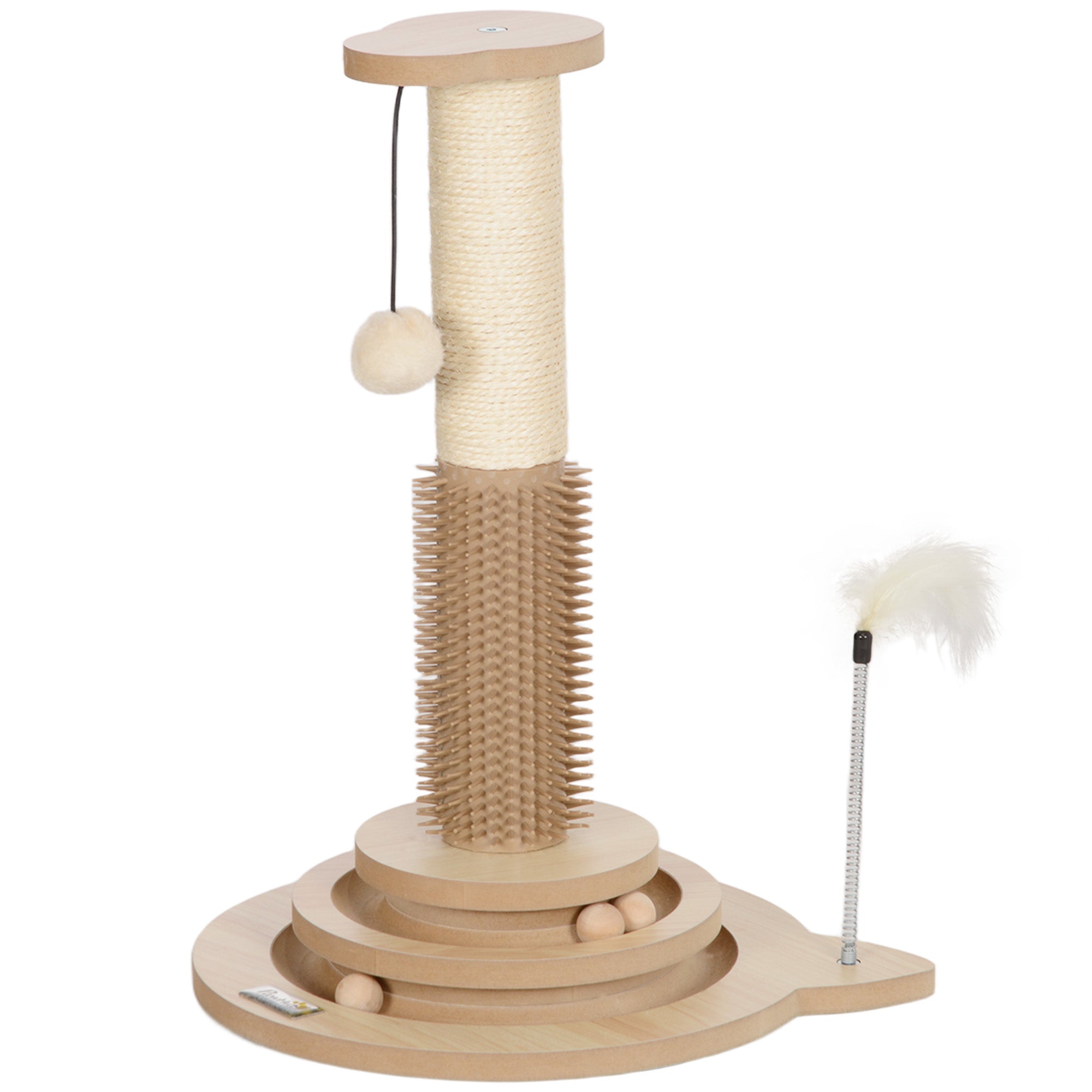 49cm 5 in 1 Cat Scratching Post with Sisal Post, Track Ball, Self Grooming Brush, Hanging Toy Ball, Feather, Oak Tone