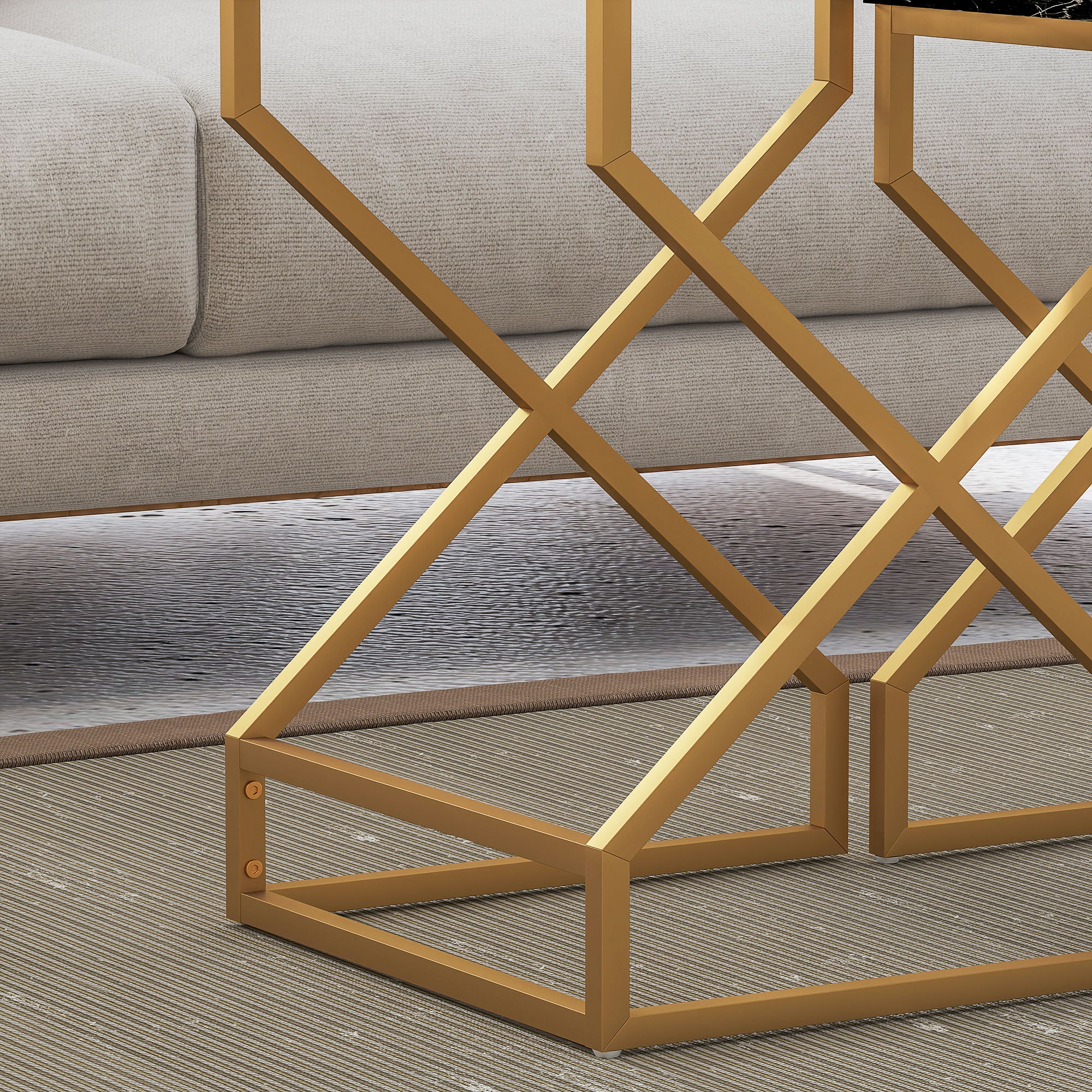 Set of Two Marble-Effect Nesting Tables with Gold Tone Legs - Black, White