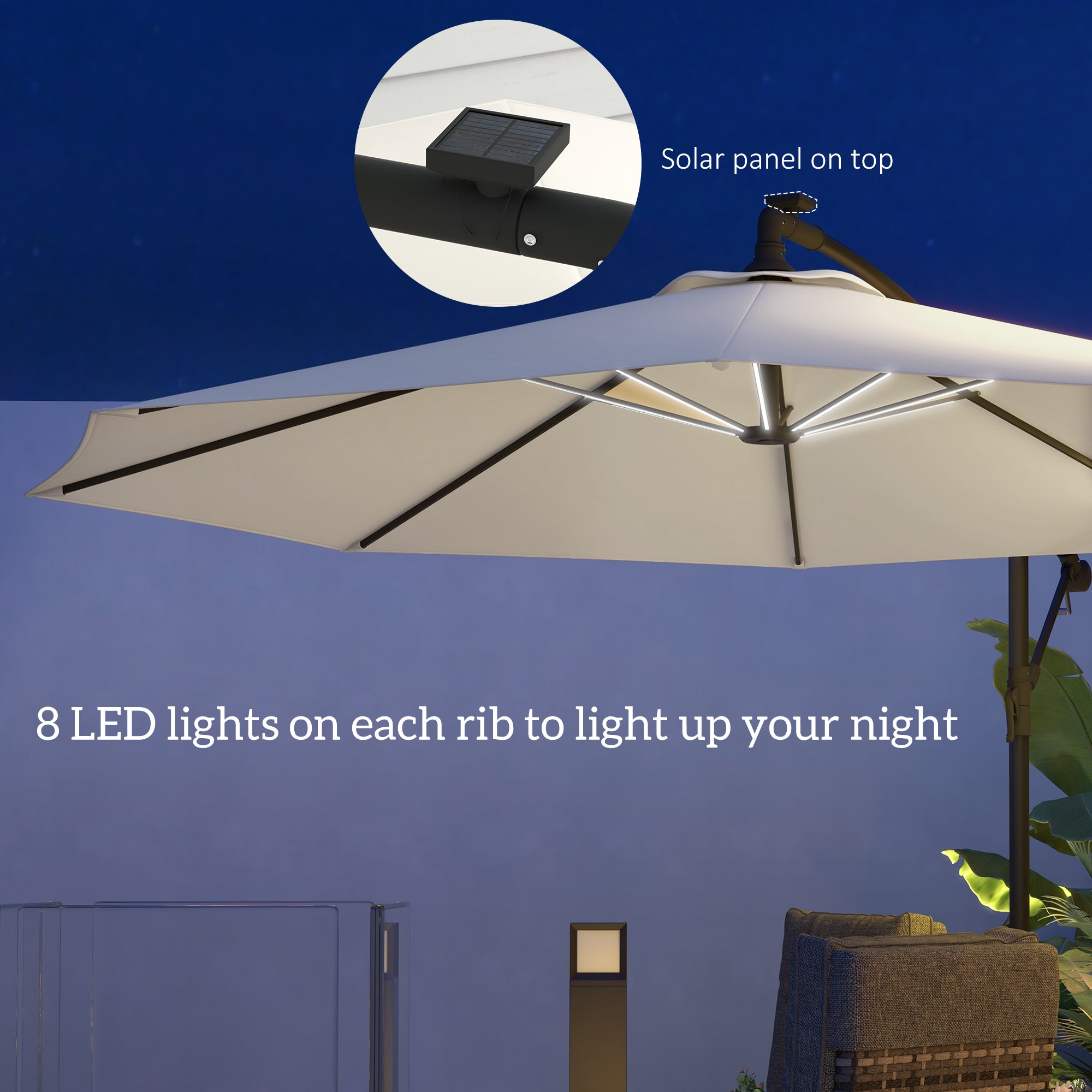 3m Solar LED Light Offset Cantilever Parasol - Beige