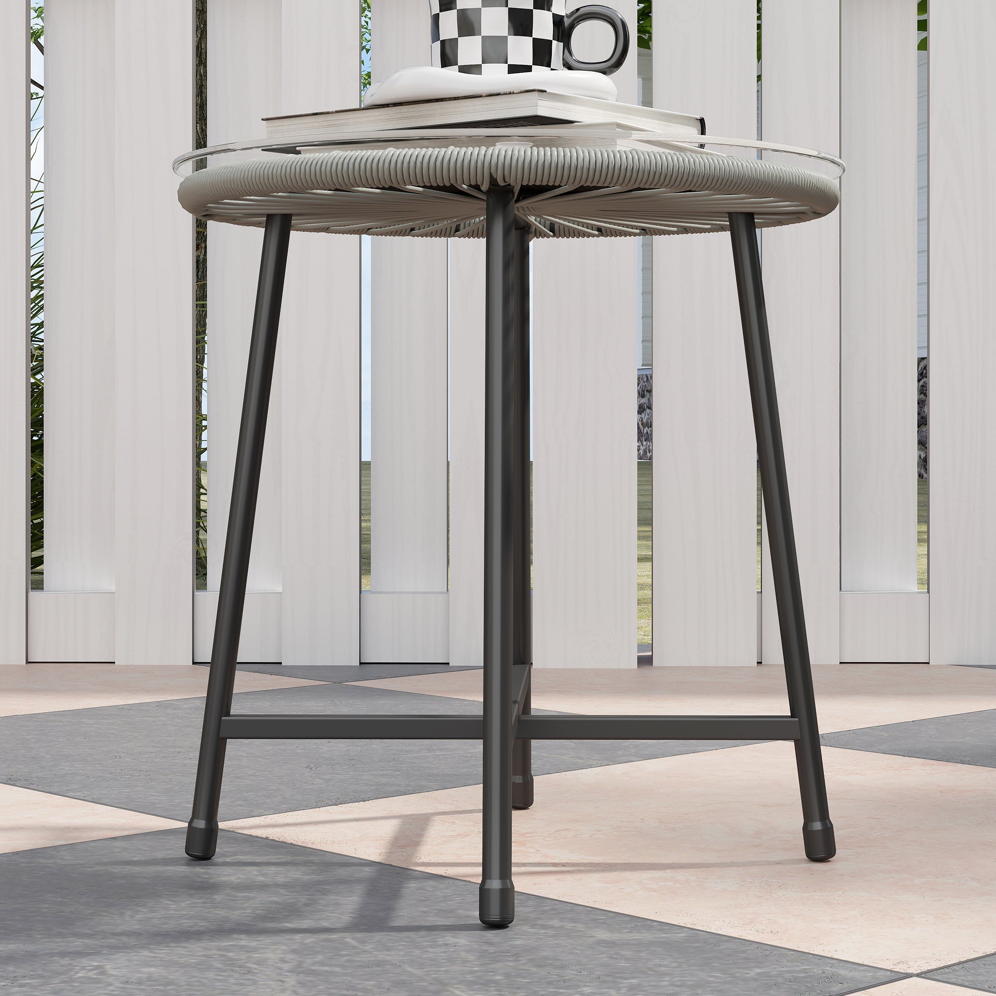 3 Piece Light Grey Rattan Bistro Set with Cushions and Glass Table