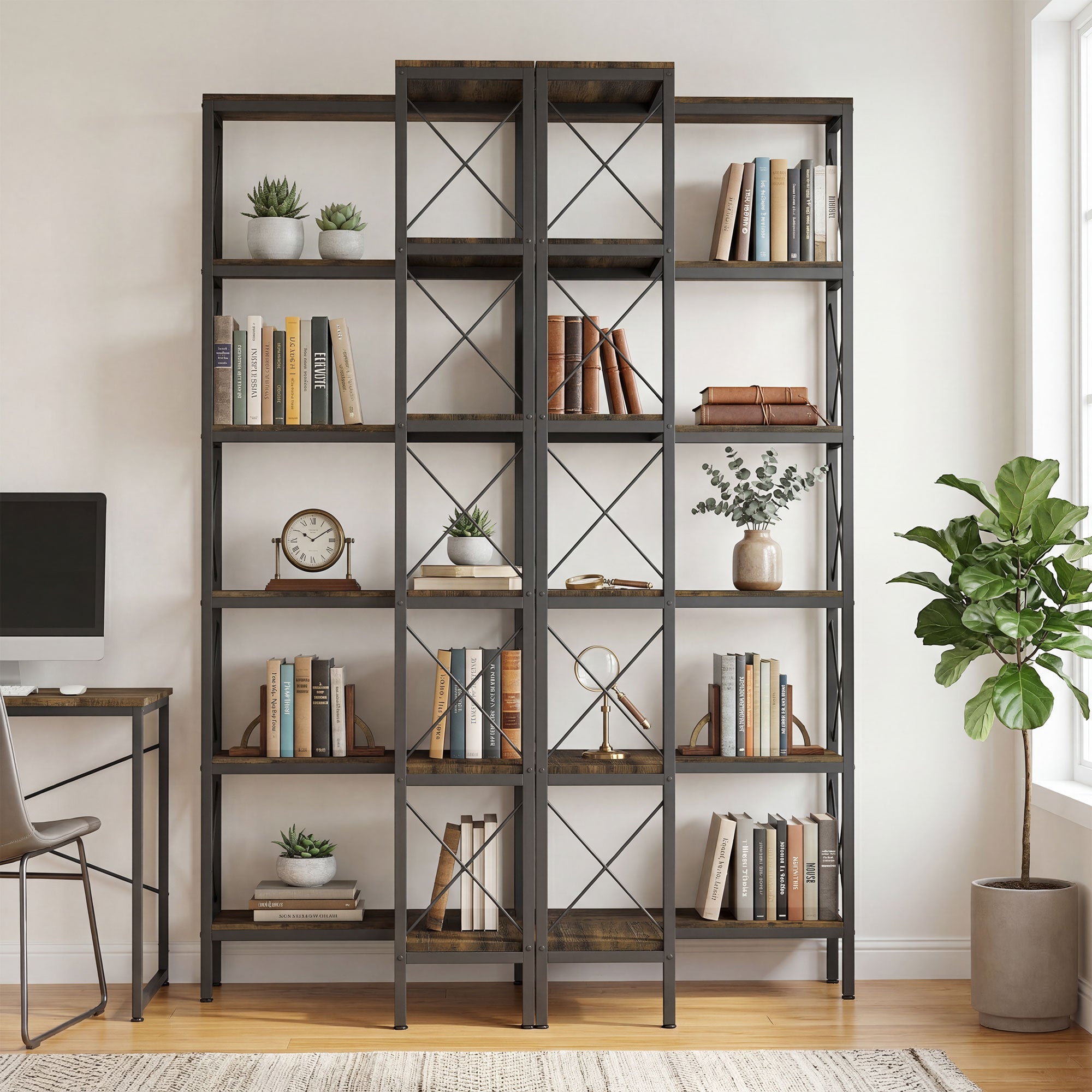 5-Tier L-Shaped Bookshelf, Freestanding Corner Bookcase with Metal Frame, Rustic Brown