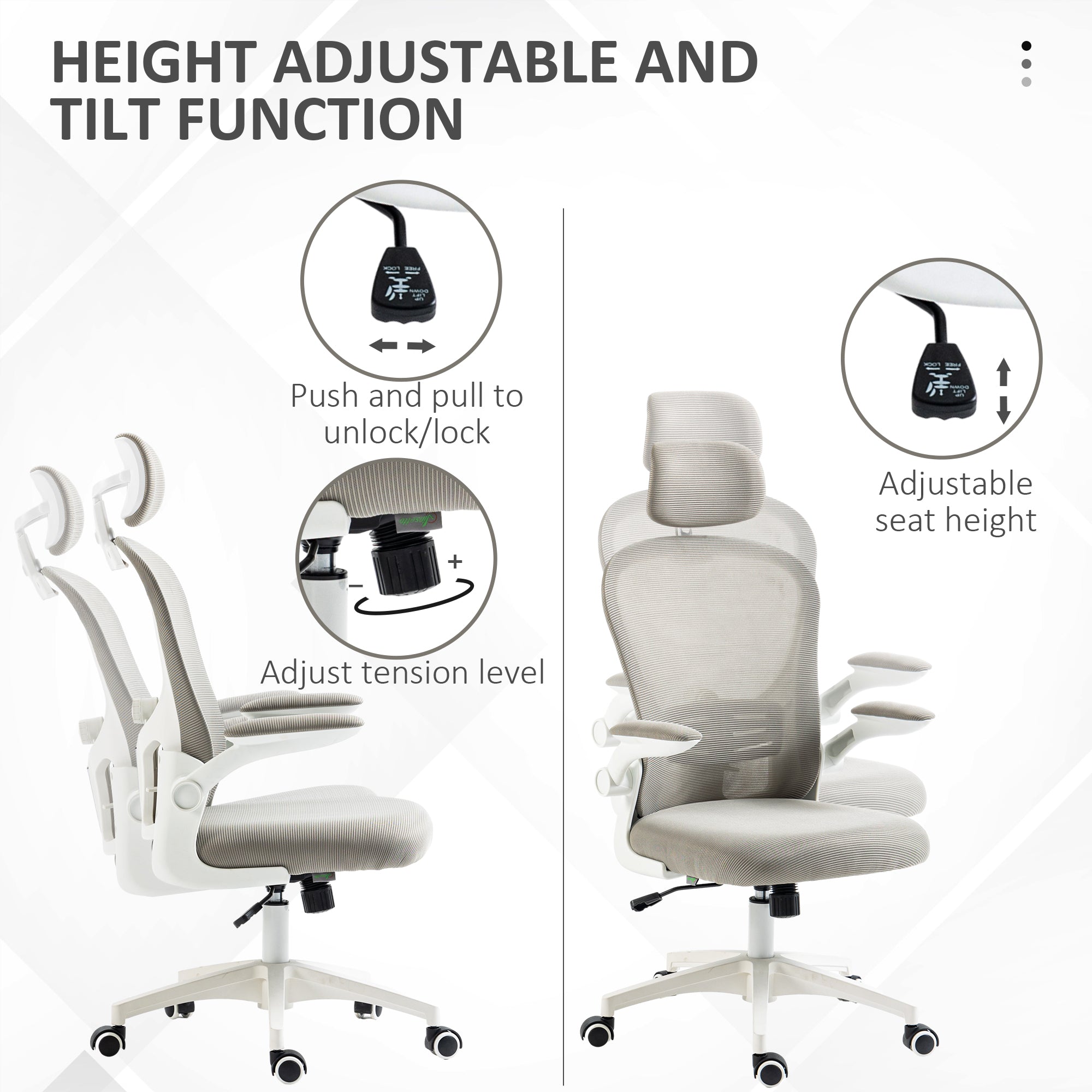 Multi-Adjustable Office Chair, with Lumbar Support, Headrest and Mesh Back - Grey