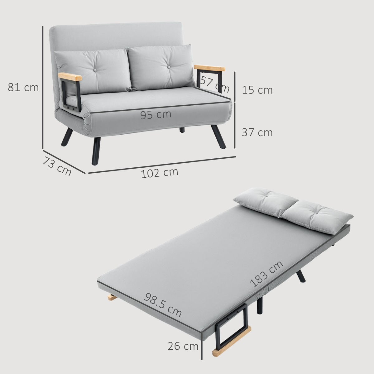4-in-1 Velvet-Feel Double Sofa Bed with Pillows - Light Grey