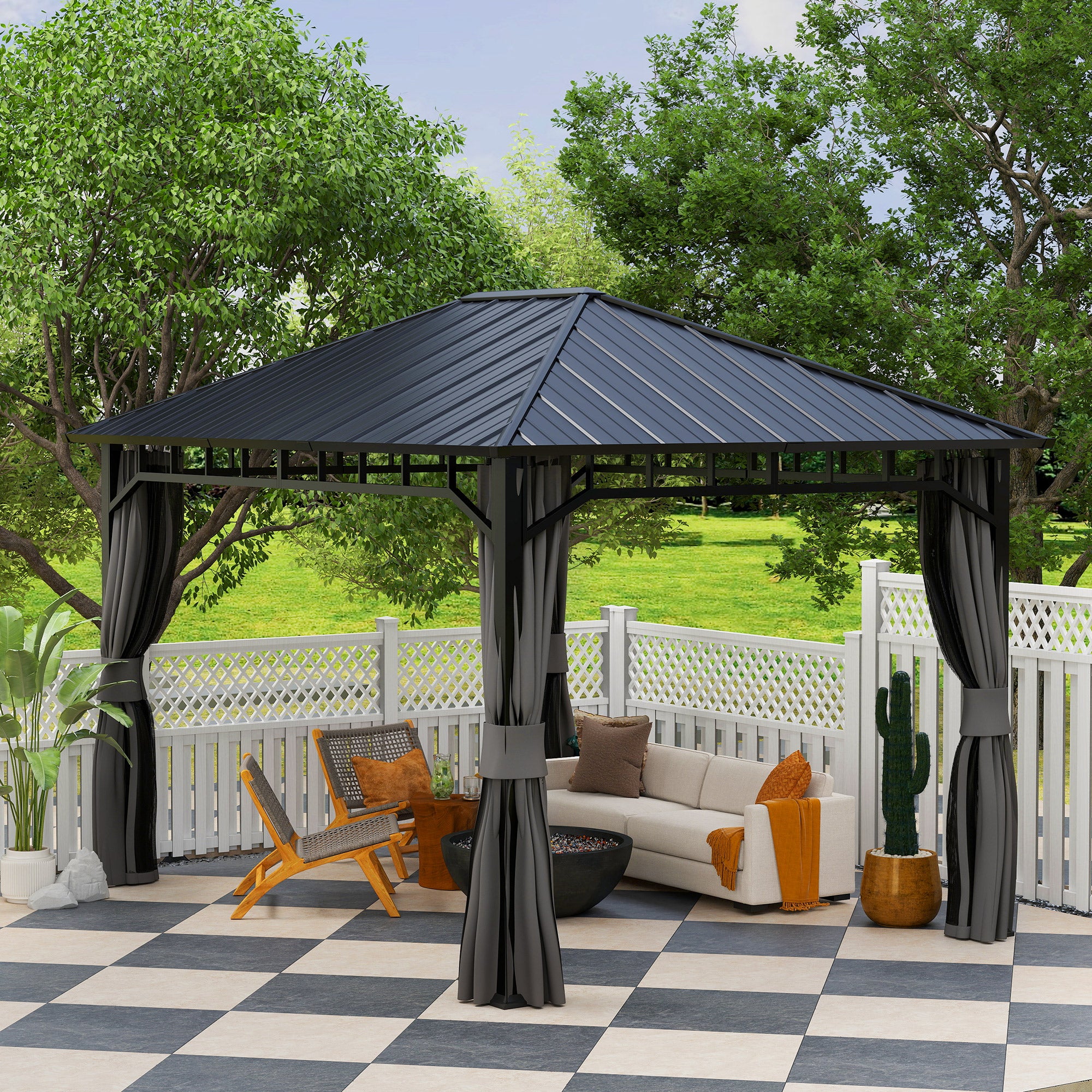 3 x 4m Hardtop Garden Gazebo with Galvanised Steel Roof, Water Gutter, Netting & Curtains - Dark Grey