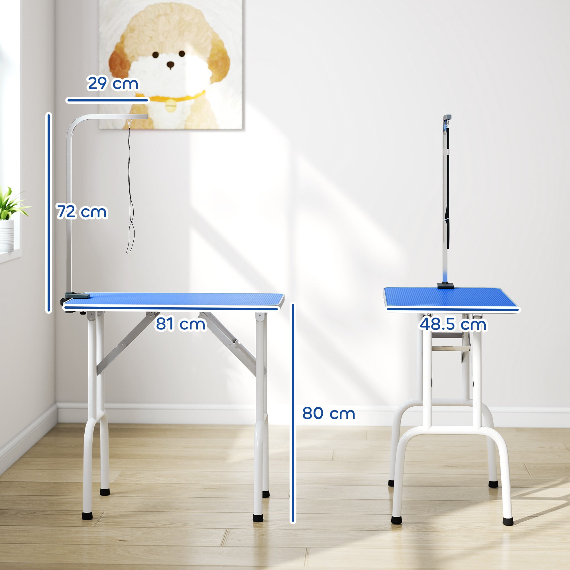 32" Foldable Dog Grooming Table Pet Drying Beauty Table Adjustable Fixed Arm Rubber Top, Blue