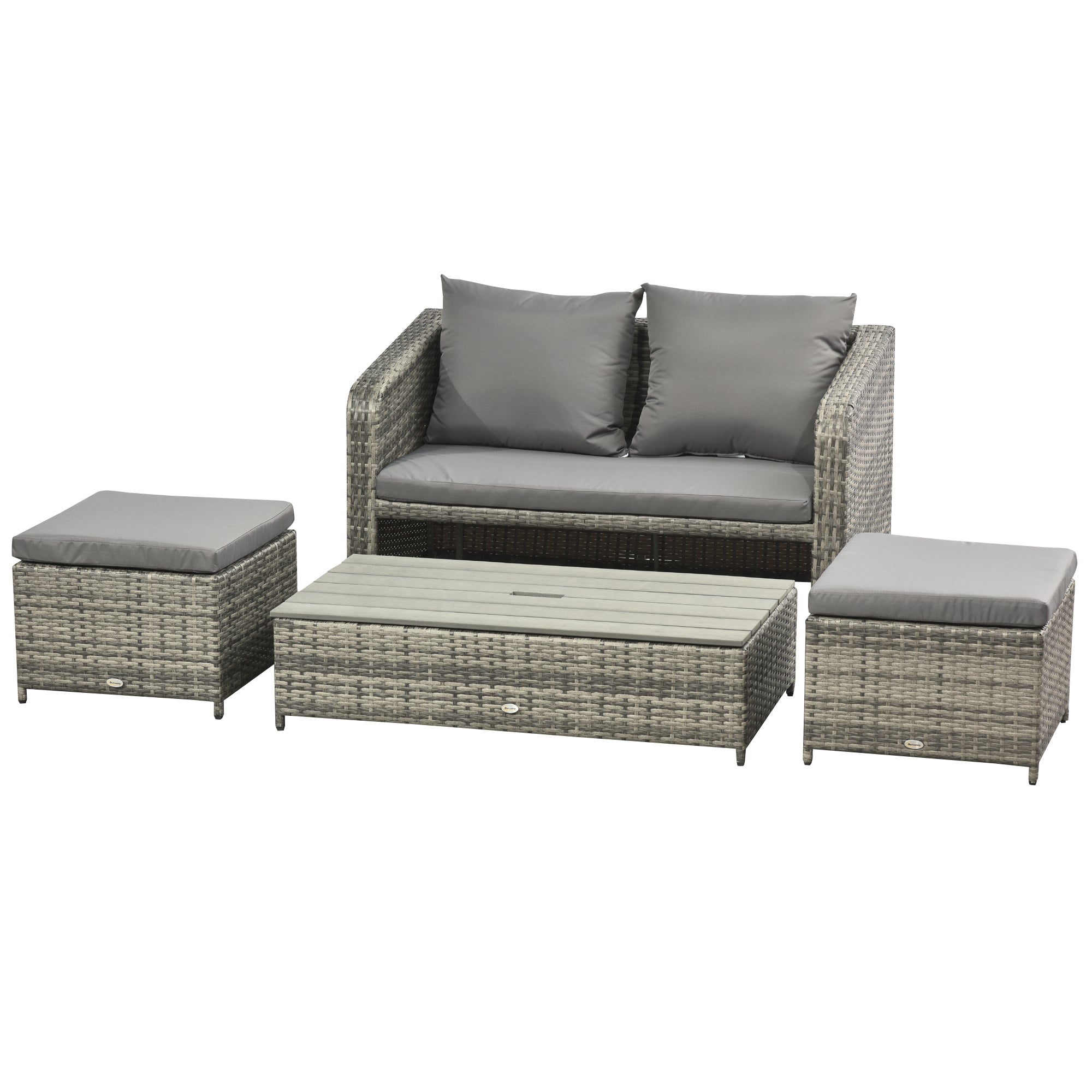 4-Piece Garden Rattan Furniture Outdoor Wicker Conversation Patio Sofa Set with 2-seater Sofa, 2 Footstools and Lift Top Coffee Table Space-saving- Grey