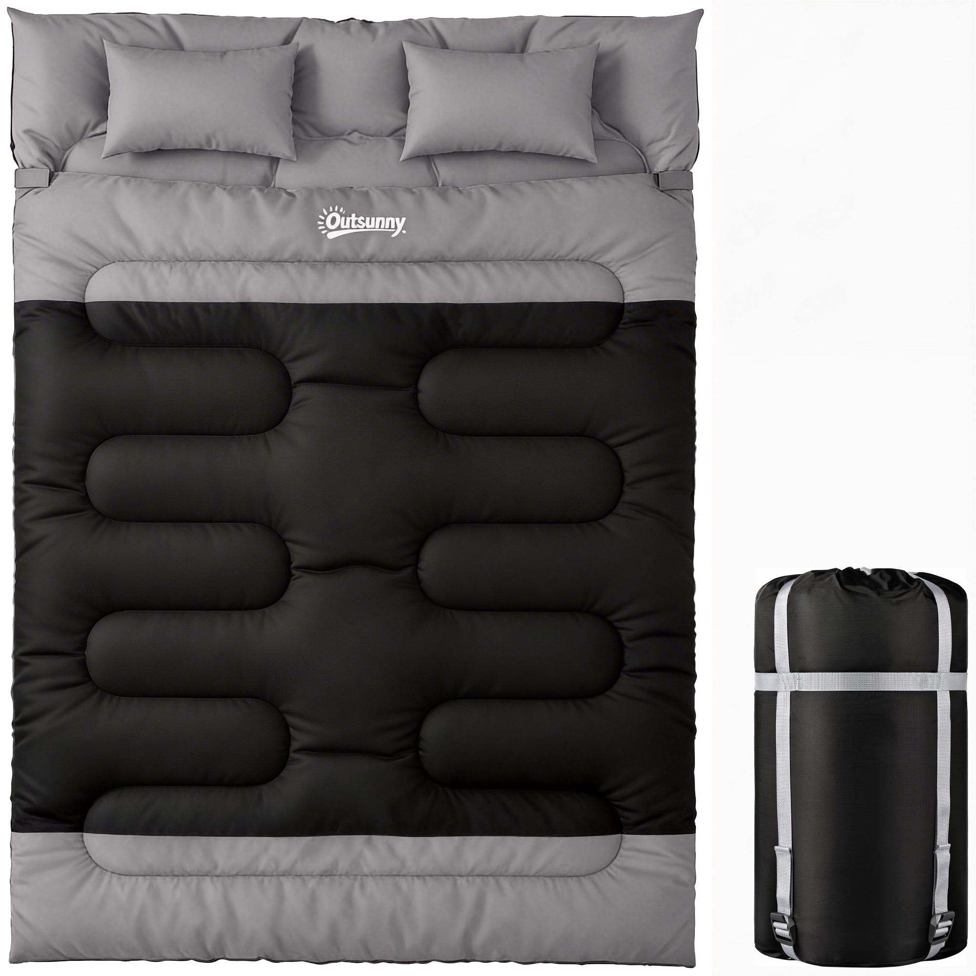 Double Sleeping Bag with 2 Pillows, 220 x 160 cm Extra-Large Sleeping Bag for Adults, Black and Grey