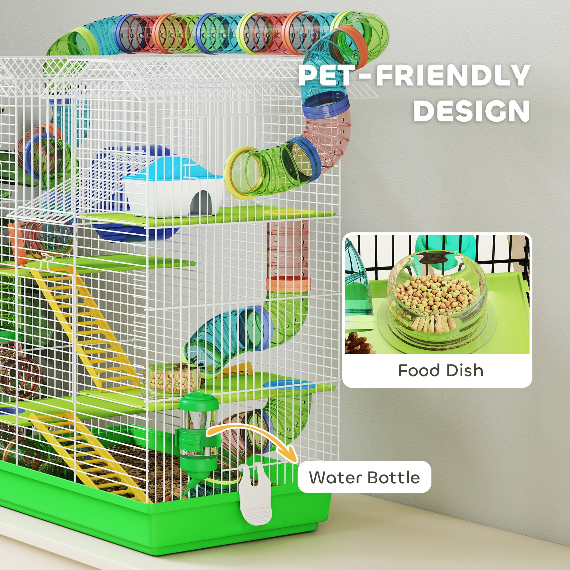 Hamster Cage, 5 Tier Carrier Habitat with Exercise Wheels Tunnel Tube Water Bottle Dishes House Ladder, Gerbil Cage for Dwarf Mice, Green