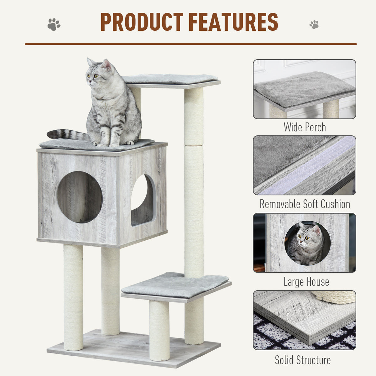 Cat Tree for Indoor Large Cats 113cm Kitten Tower Condo Jute Scratching Post Kitten Play House Activity Center Furniture