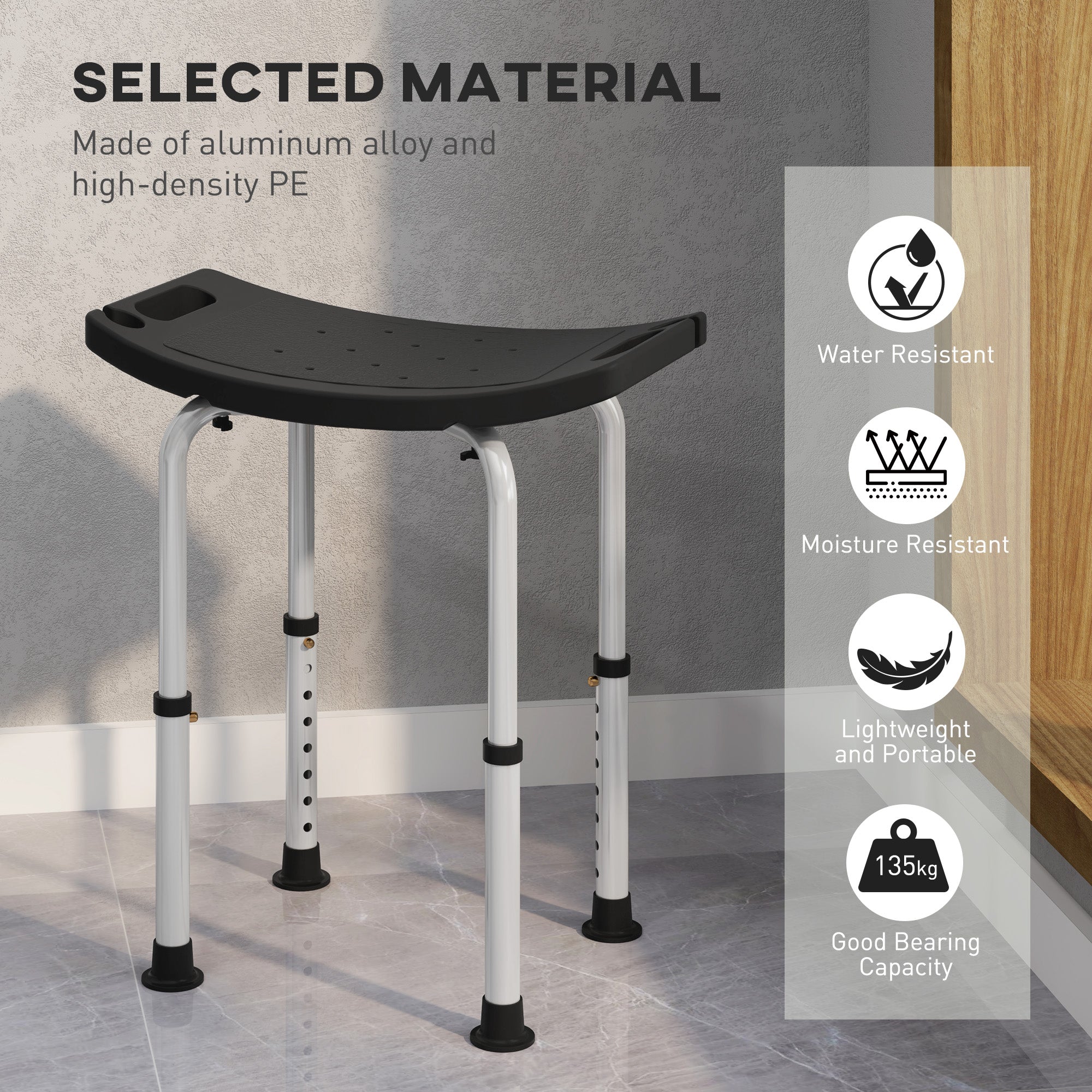 Height Adjustable Bath Stool, Aluminium Shower Stool with Non-Slip Pads for Elderly, Disabled, Seniors, Pregnant, Black