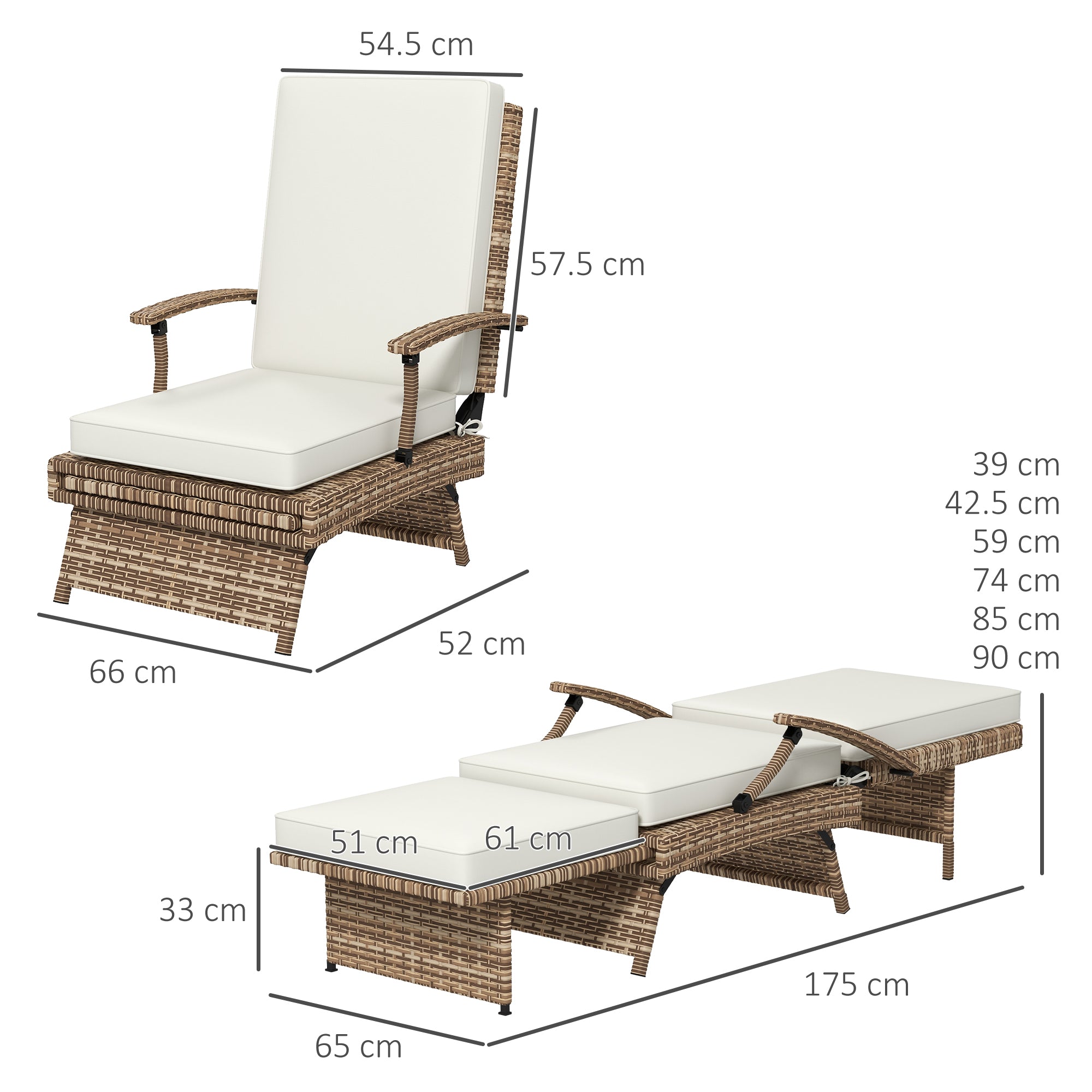 80° Reclining Rattan Lounger - White/Brown