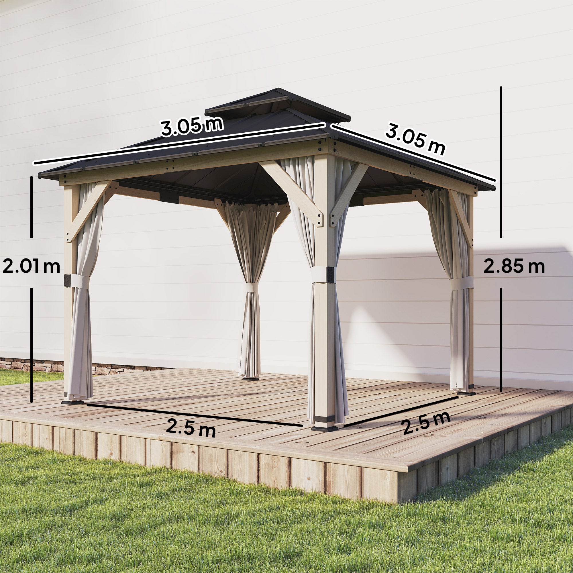 3 x 3 m Outdoor Hardtop Gazebo Canopy with 2-Tier Steel Roof, Wood Garden Gazebo with Curtains, Light Grey