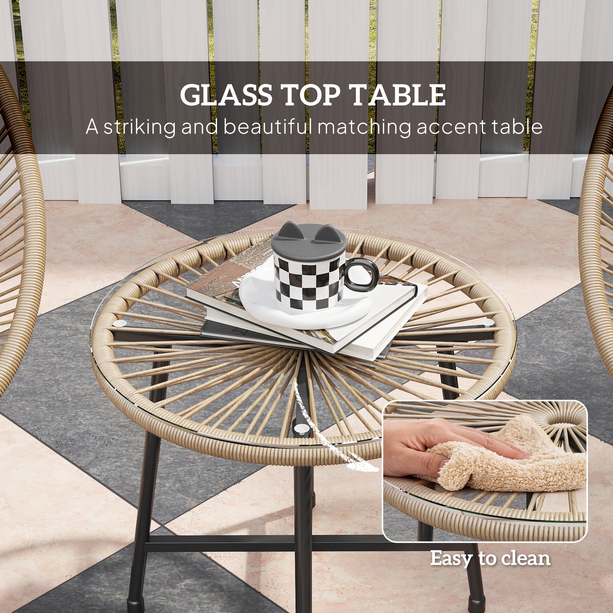 3 Pieces Rattan Bistro Set with Acapulco Chairs and Glass Top Table for Outdoor Patio Balcony - Natural