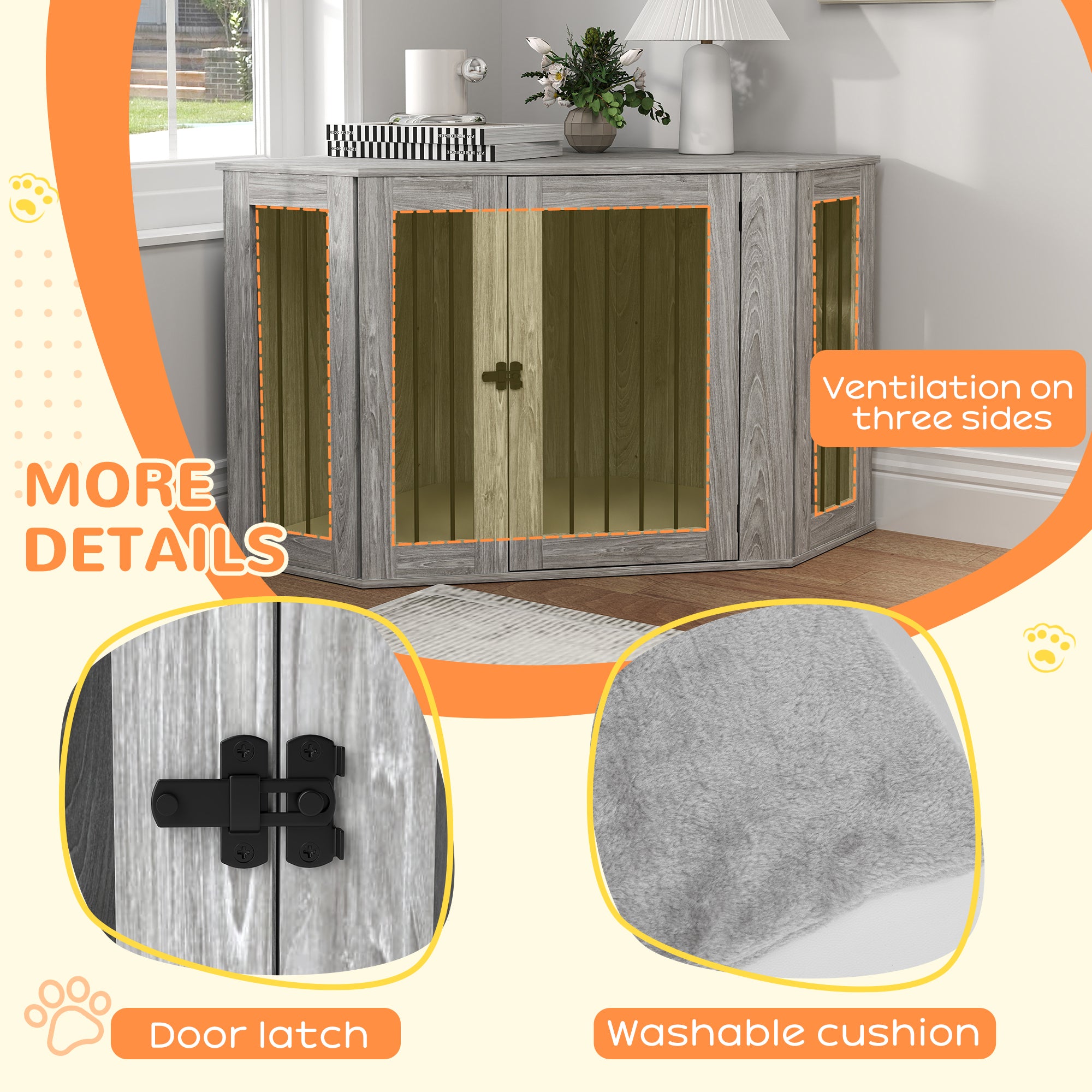2 in 1 Medium Dog Crate Furniture Side Table with Cushion 122x61x71cm - Grey