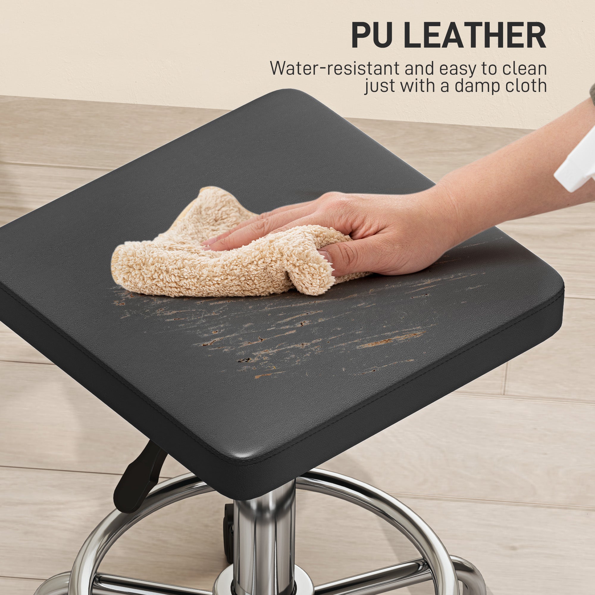Adjustable PU Leather Rolling Stool - Black