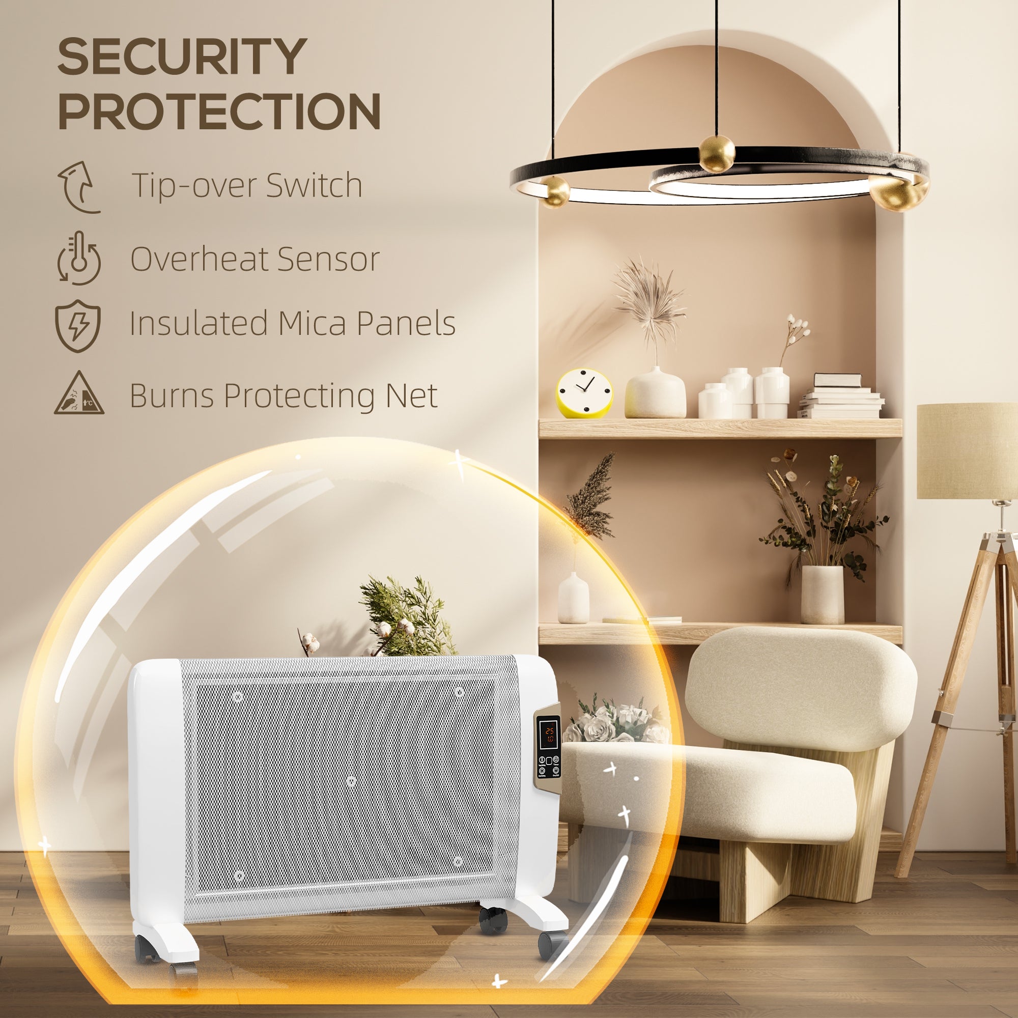 Mica Electric Space Heater, Portable Heater for Home with 2 Heat Settings, Living Room, Study, Garage, Adjustable Temperature 18-30°C, 1000W/2000W, White