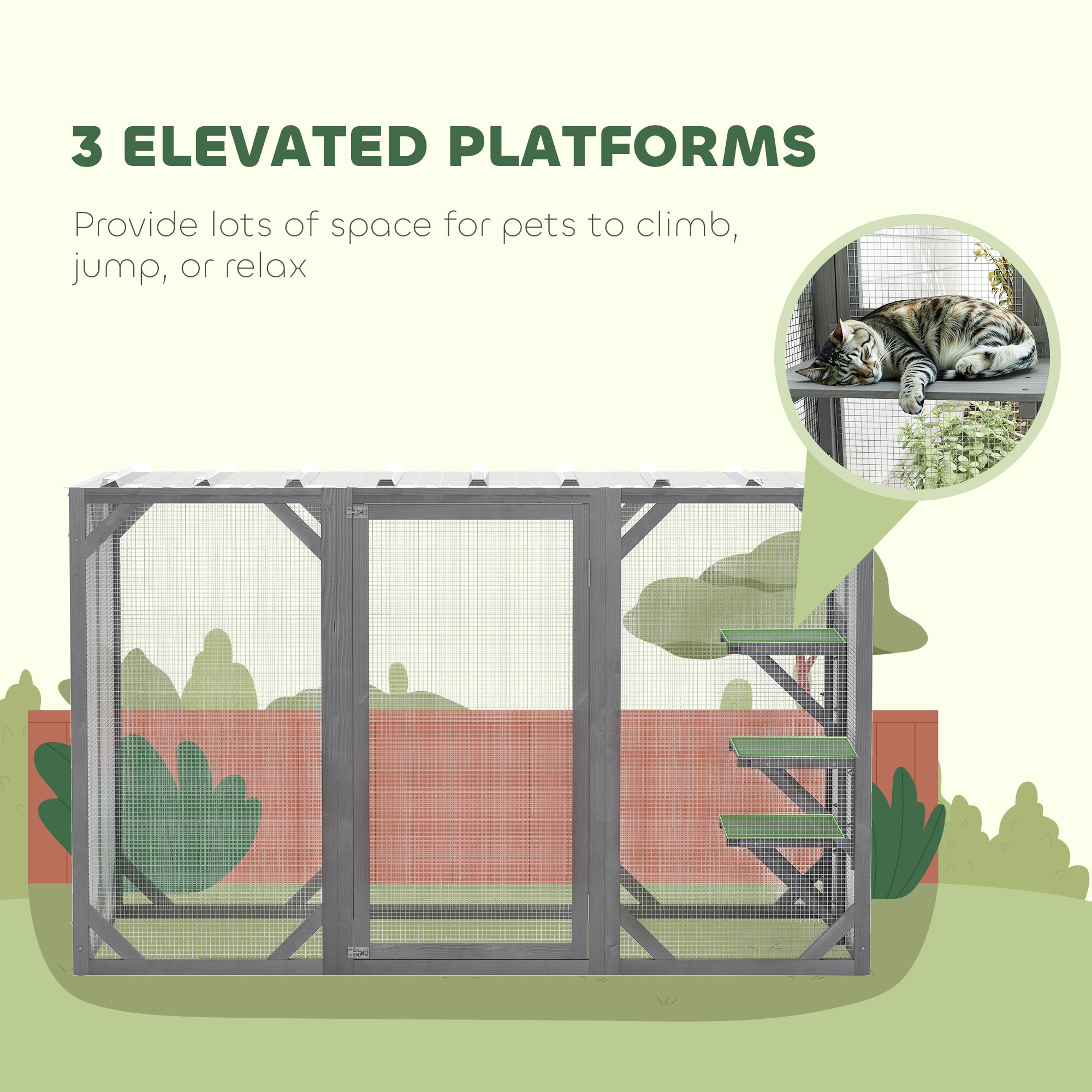 71" Outdoor Wooden Cat House with Three Platforms, Large Door, Water-Resistant Roof, for Multiple Cats, Grey