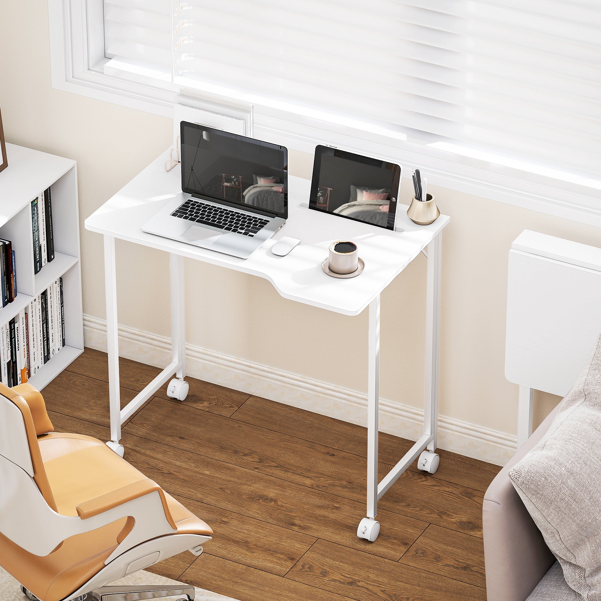Small Folding Desk, with Wheels - White Wood-Effect