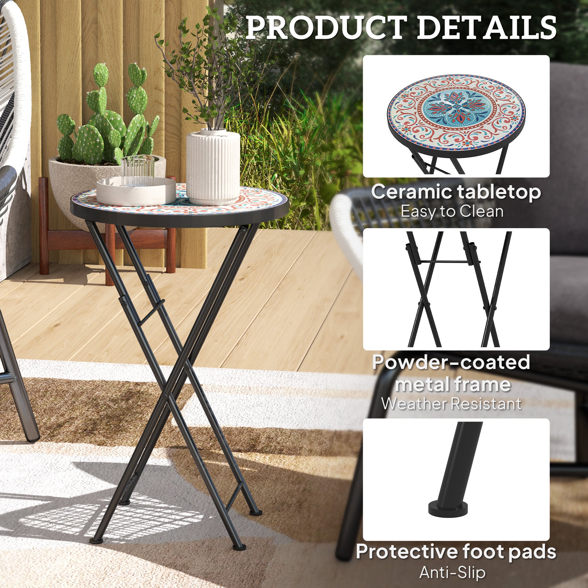 Mosaic Outdoor Garden Table, 35.5cm Round Folding Coffee Table with Metal Frame for Balcony Terrace, Multicolour