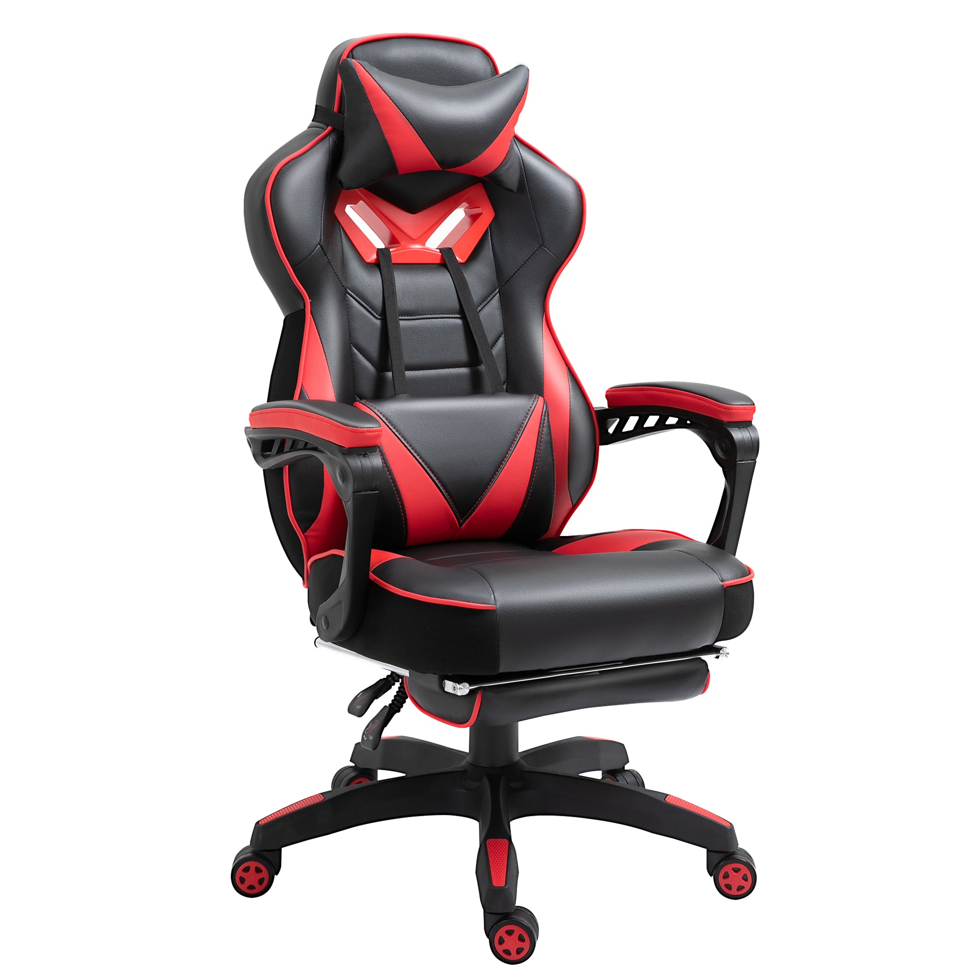 Computer Gaming Chair, Racing Desk Chair with Lumbar Support and Footrest, PU Leather Gamer Chair with Headrest and Swivel Wheels for Home, Red