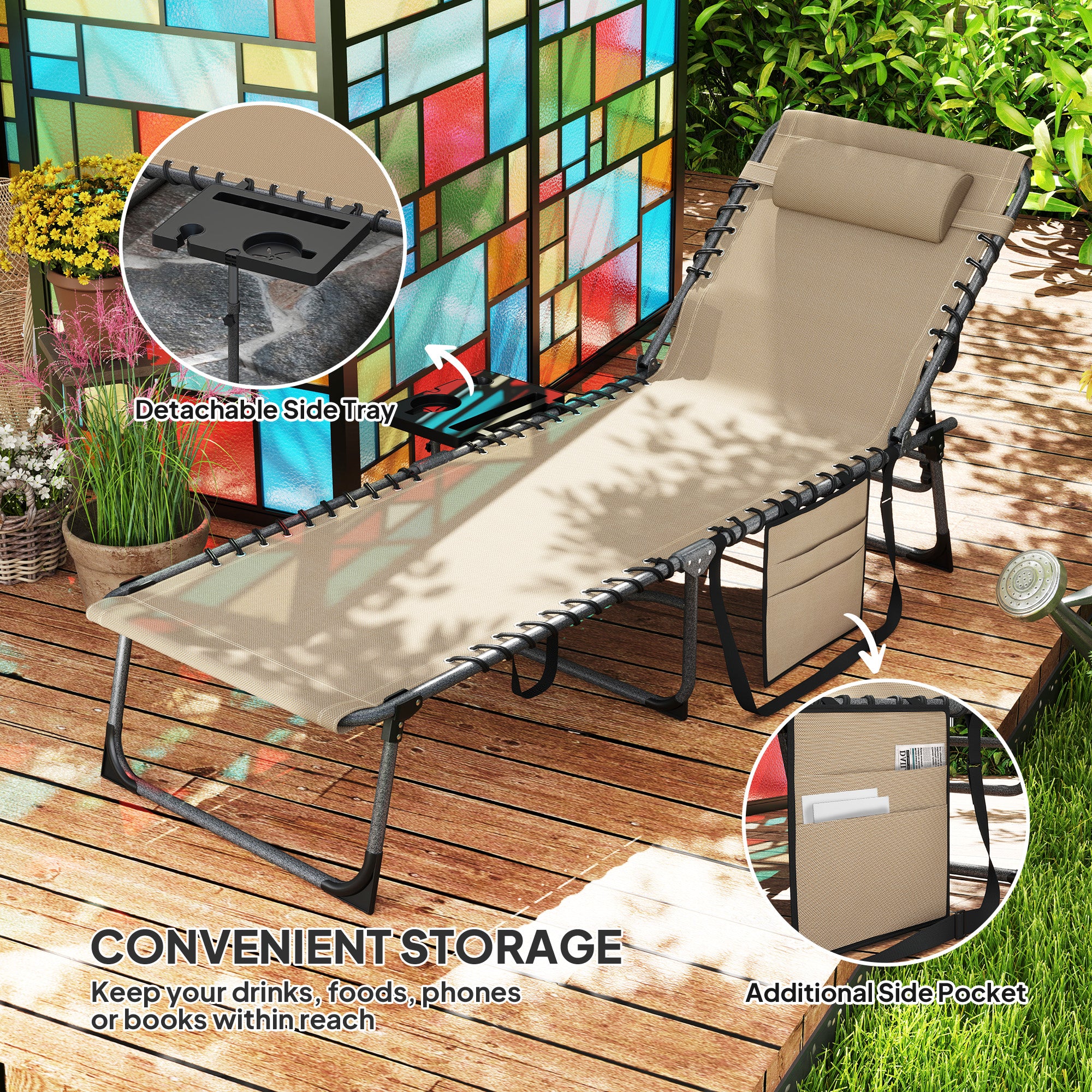 Five-Position Reclining Sun Lounger - Beige