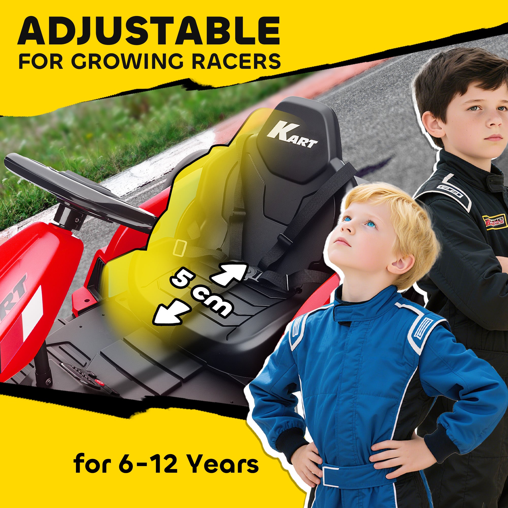 24V Electric Go Kart, Drift Kart with Adjustable Seat, Slow Start, 5-Point Harness, Music, Horn, for 6-12 Years, Red