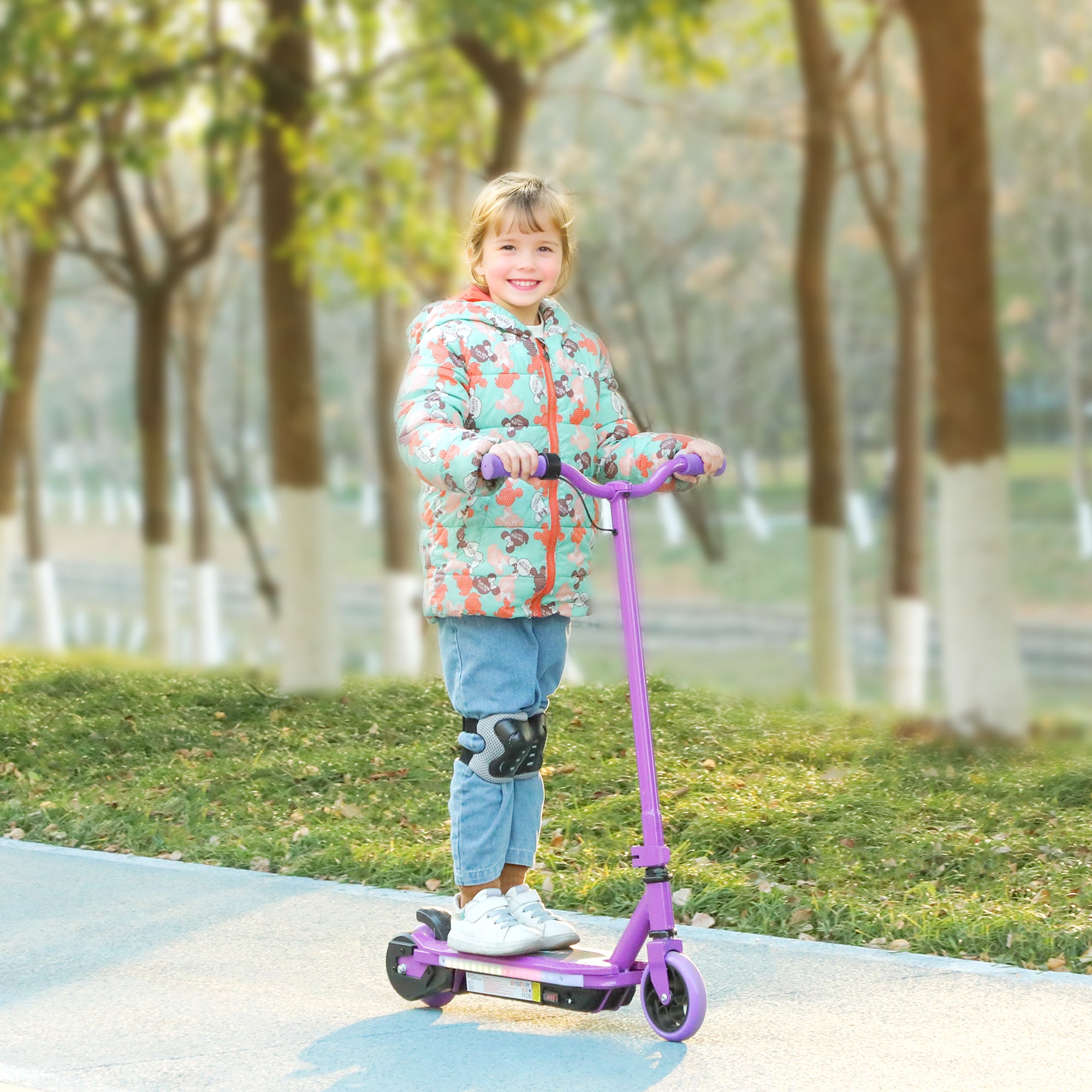 Electric Scooter for Kids 6-14 with Colourful Lights & Electric Brake, 10 km/h Speed - Purple