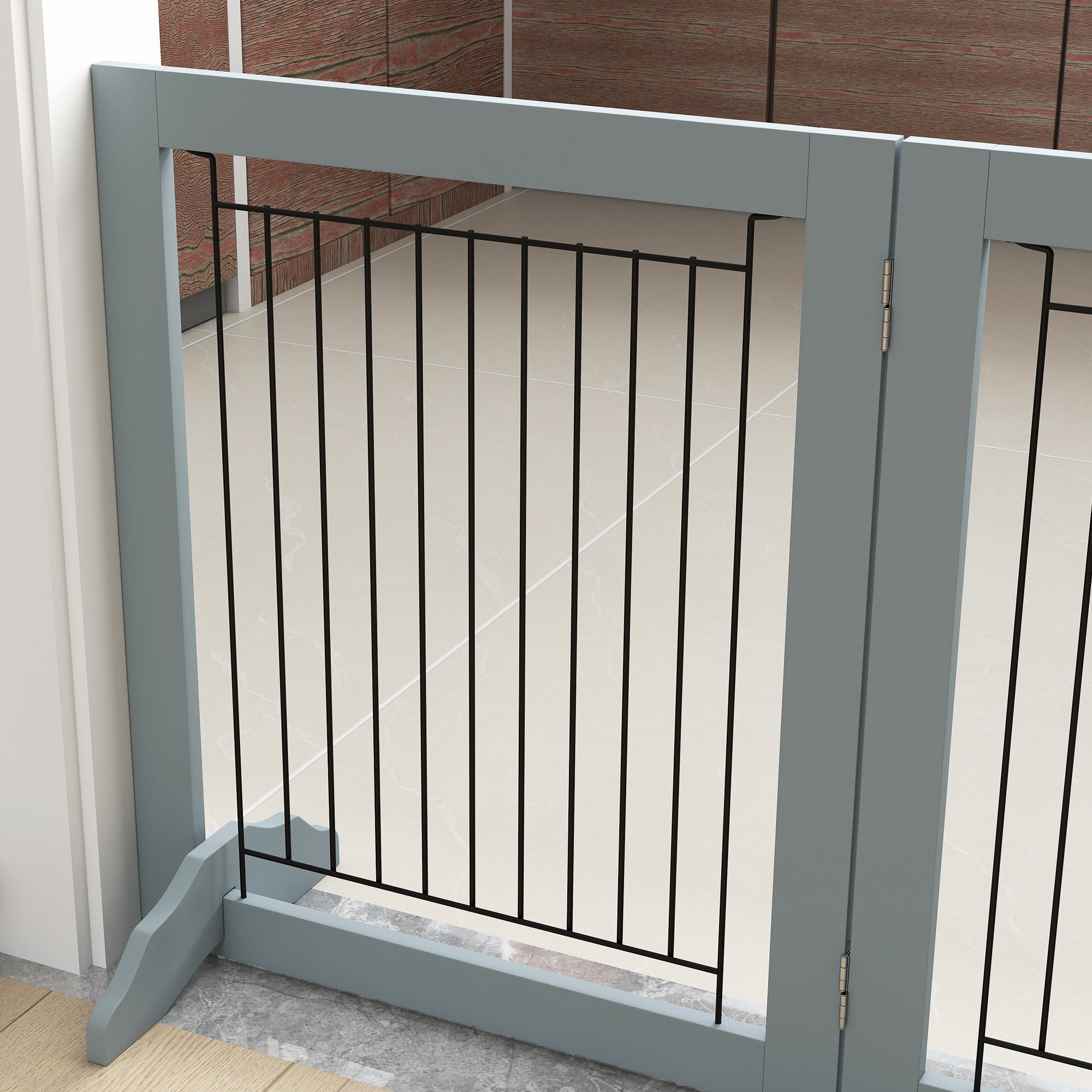 Foldable Three-Panel Pet Gate with Two Support Feet - Grey