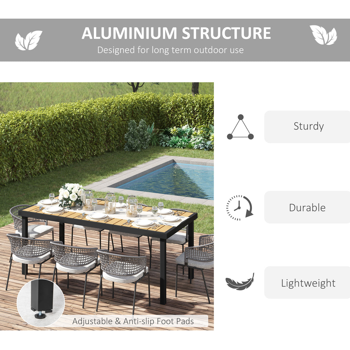 Aluminium Outdoor Garden Dining Table for 8 with Faux Wood Top, 190x90x74 cm - Natural