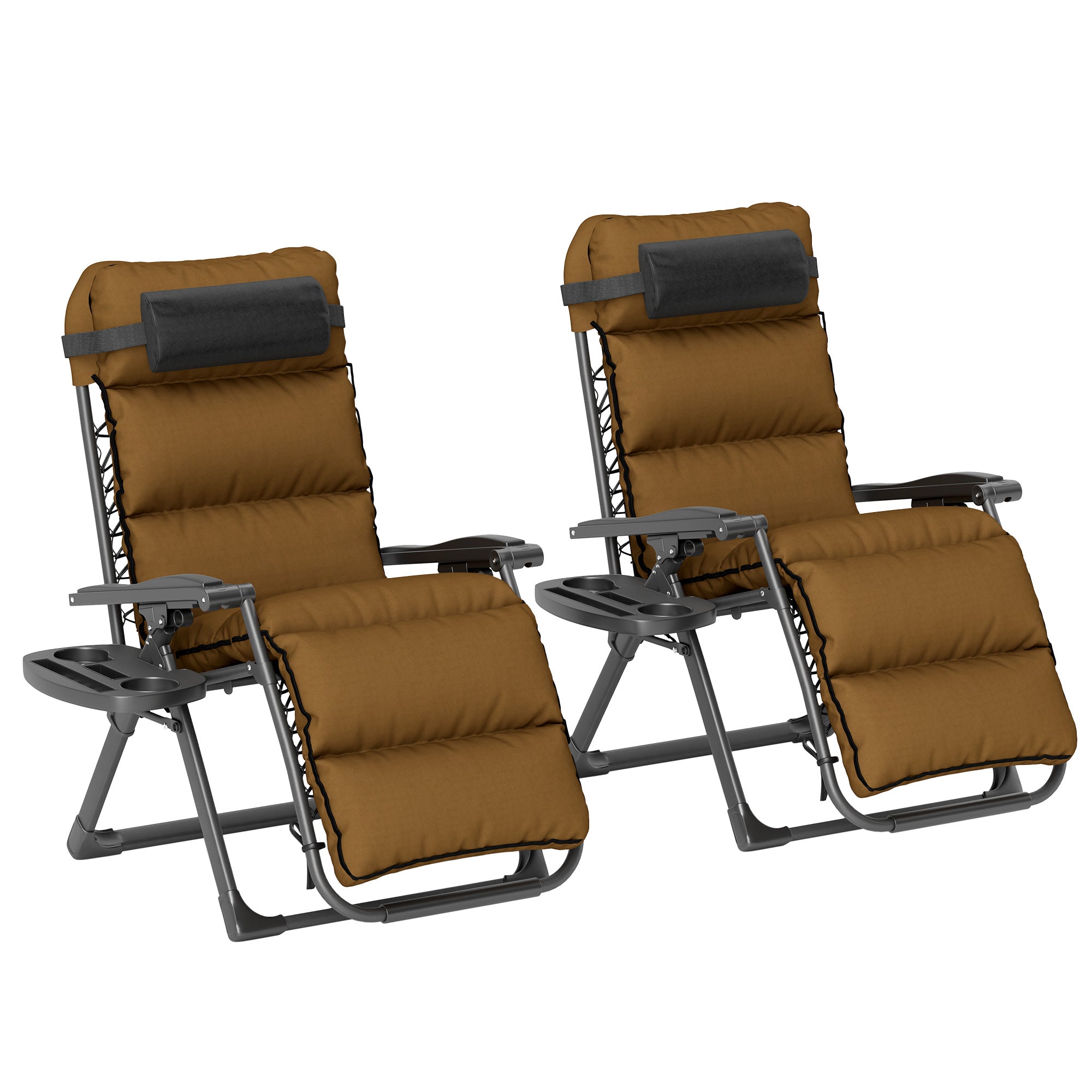 Set of 2 Reclining Sun Loungers with Cushions - Brown Steel Frame
