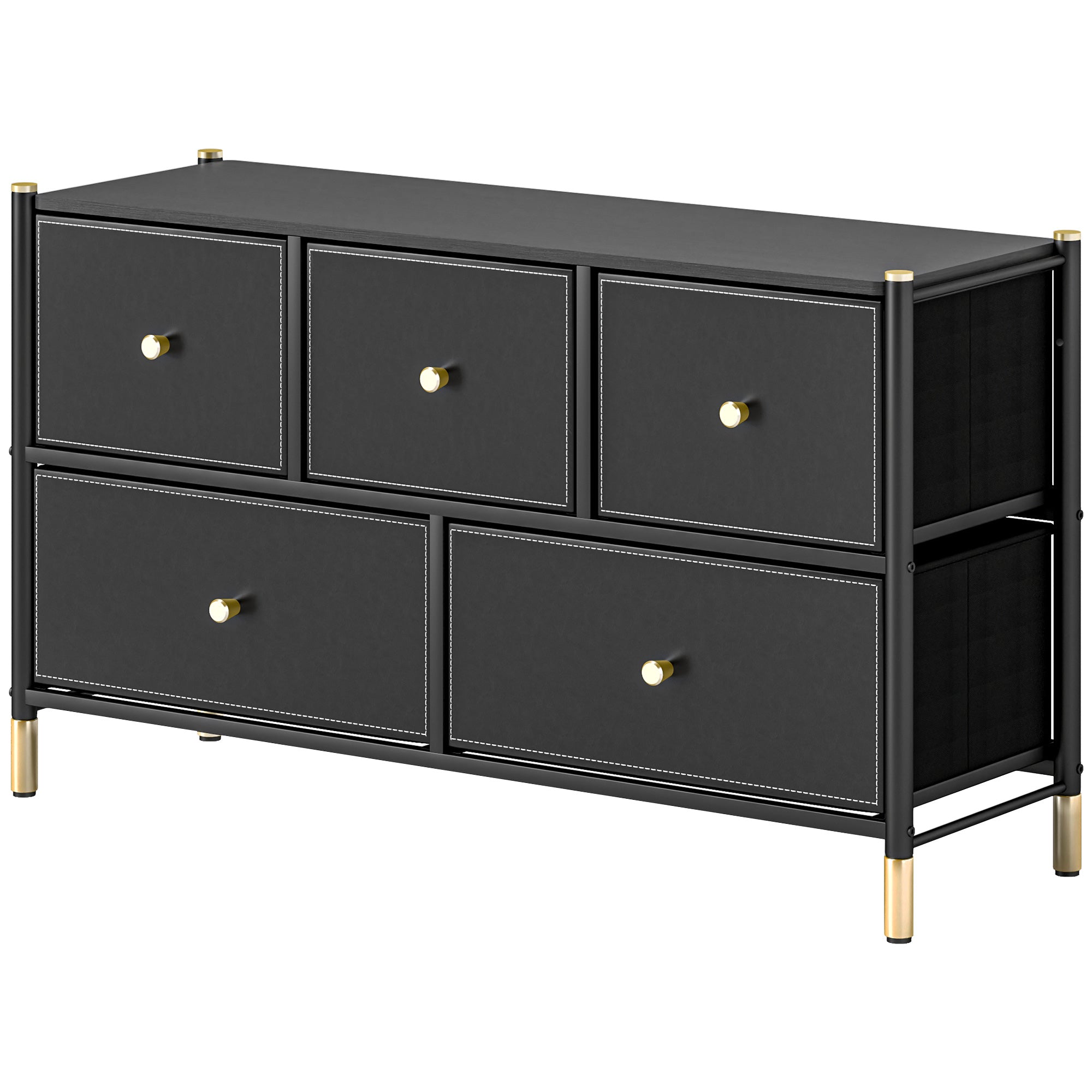 Chest of Drawers, 5 Drawer Fabric Dresser with PU Leather Surface, Steel Frame, Storage Organizer Unit for Bedroom, Living Room, Hallway, Closet, Easy to Assemble, Black