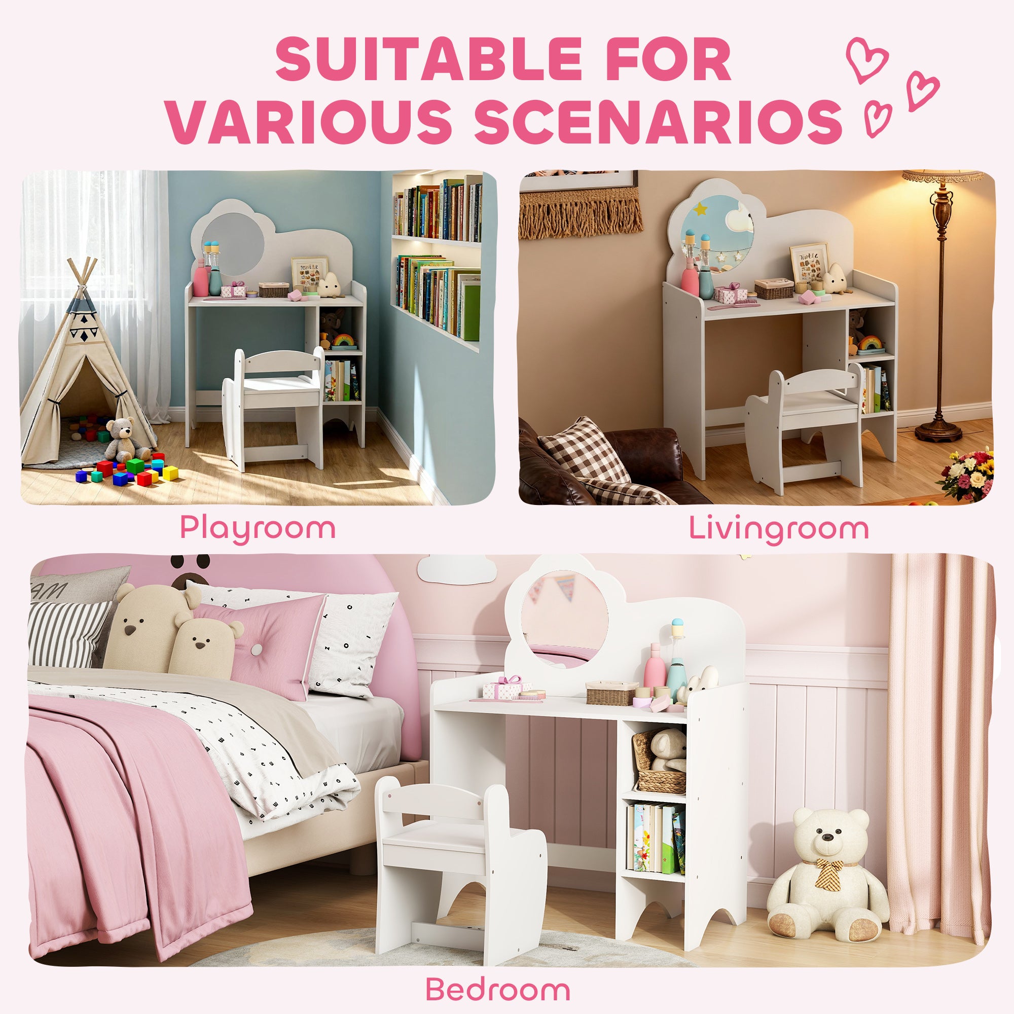 Kids Dressing Table with Mirror, Stool, Kids Vanity Table with Shelves, for Ages 3-8 Years, White