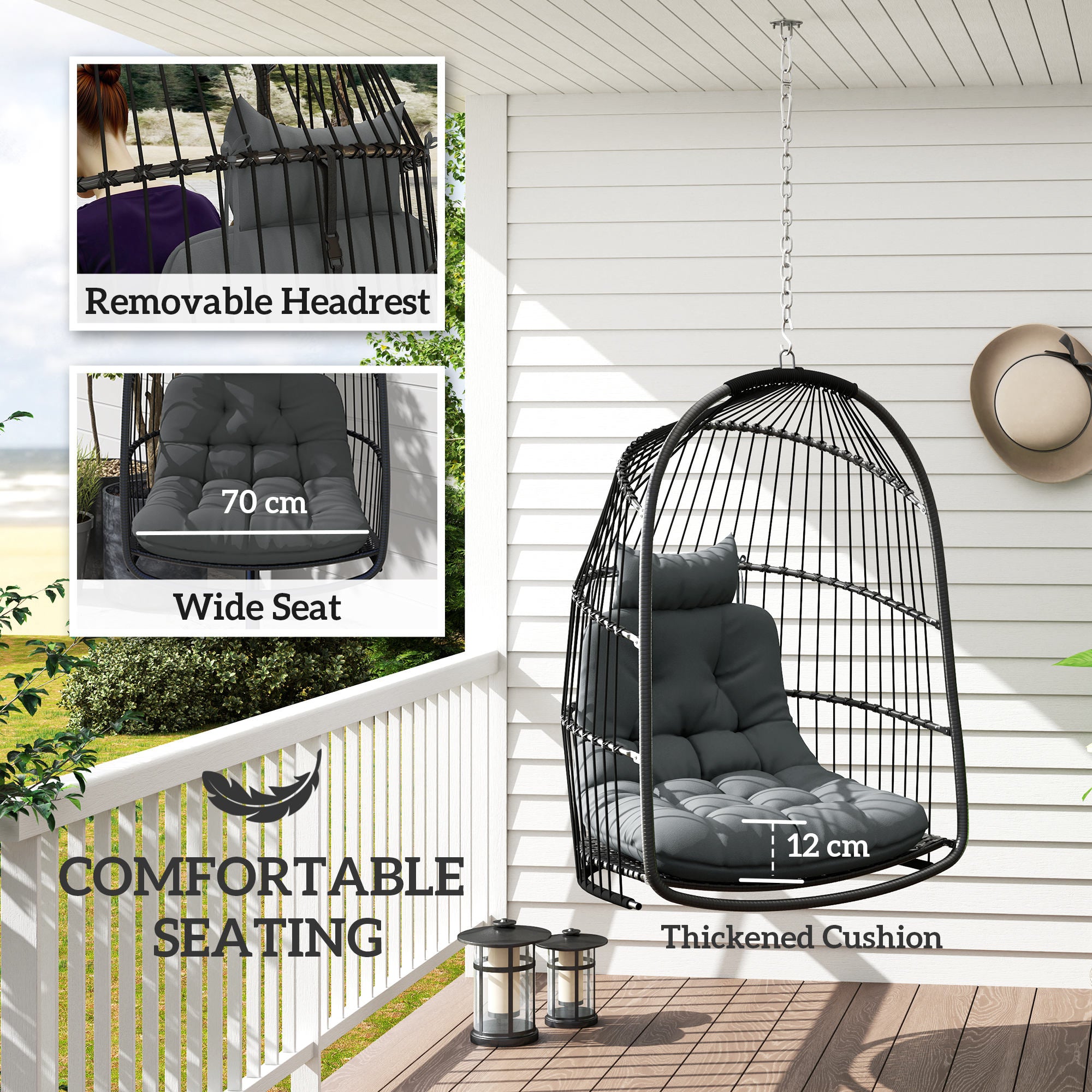 Foldable Hanging Egg Chair with Cushion, Headrest & Installation Kit for Indoor Outdoor - Dark Grey