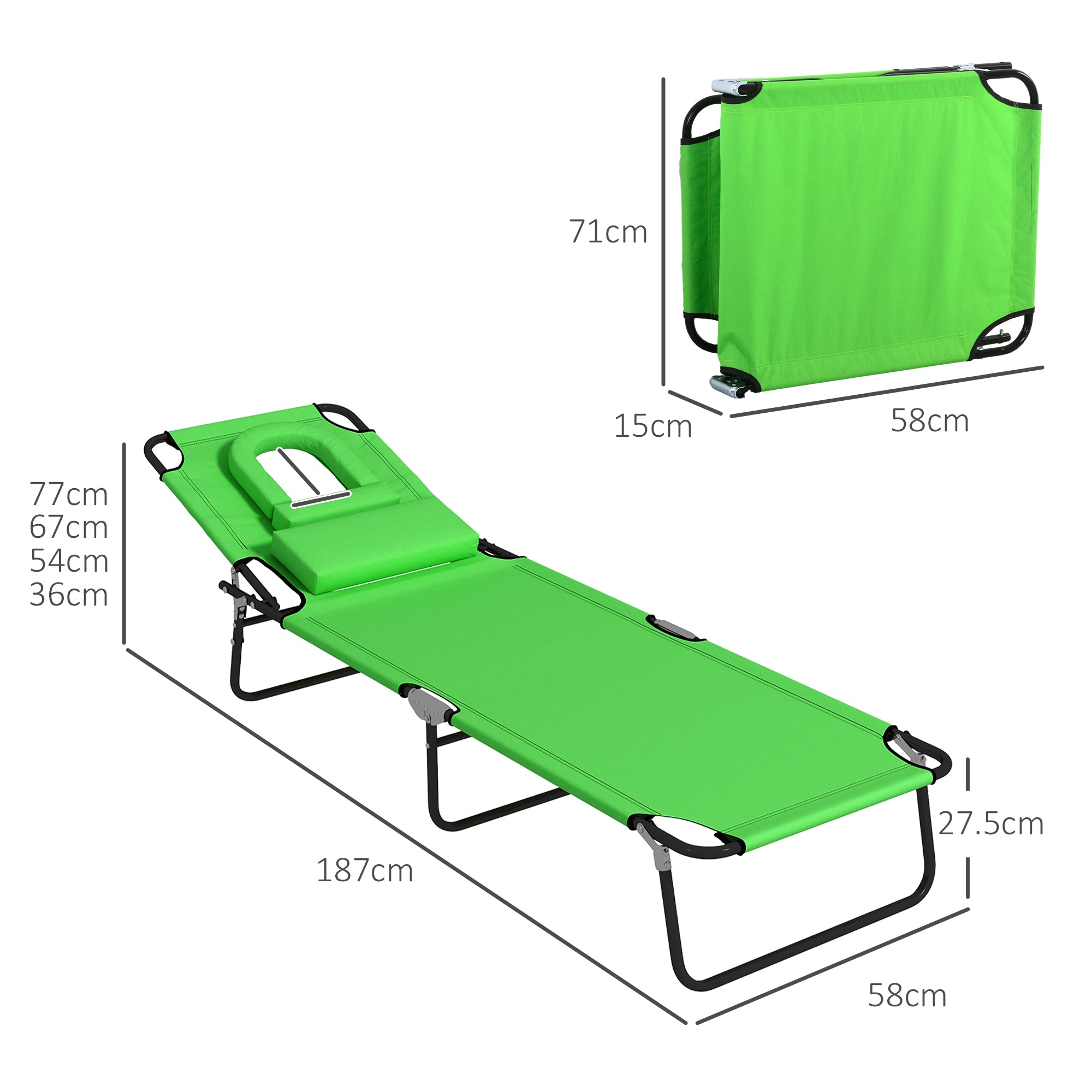 Outdoor Foldable Sun Lounger Set of 2, 4 Level Adjustable Backrest Reclining Sun Lounger Chair with Pillow and Reading Hole, Green