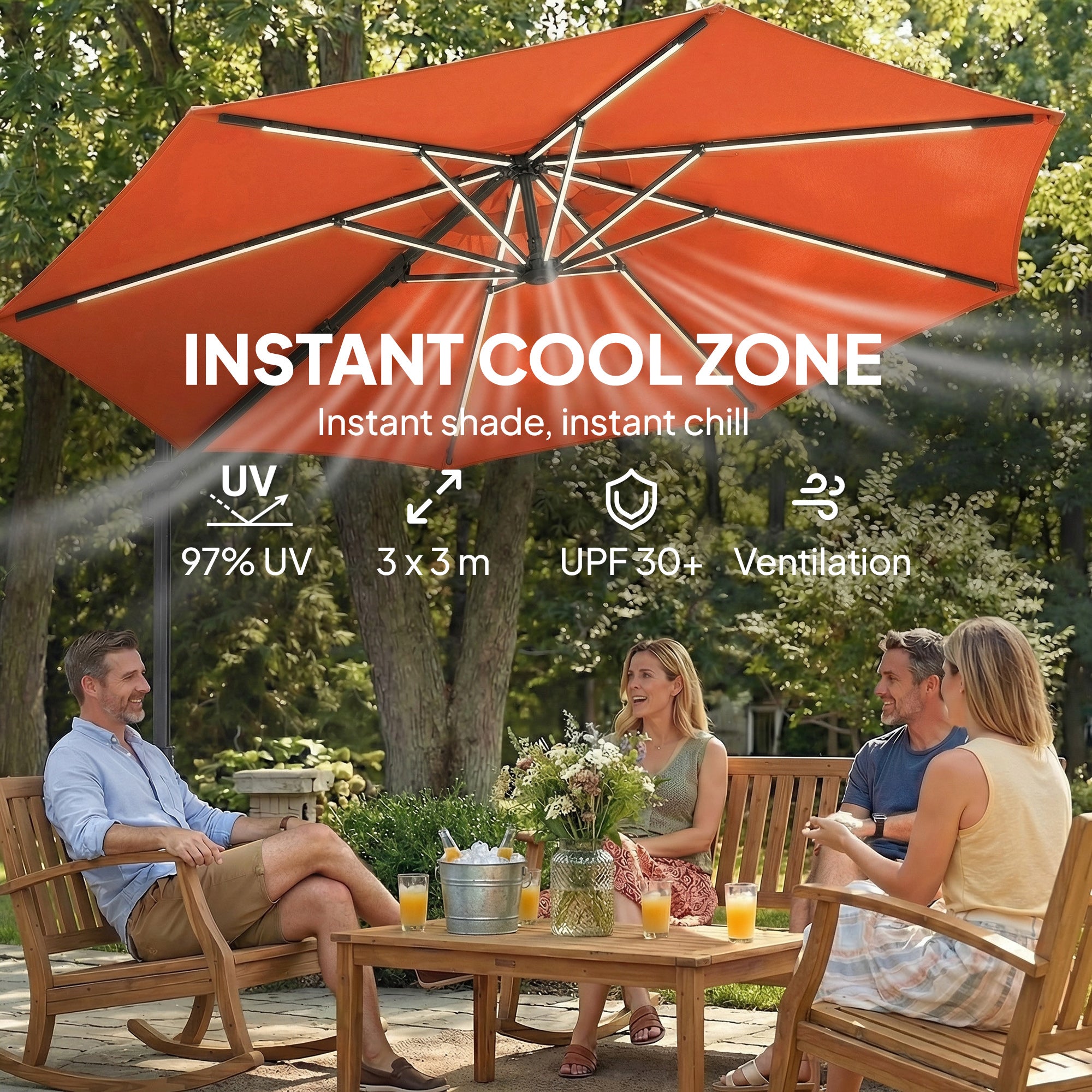 3 m Garden Cantilever Parasol with LED Solar Light, Round Overhanging Umbrella with 360° Rotation, Cover, Orange