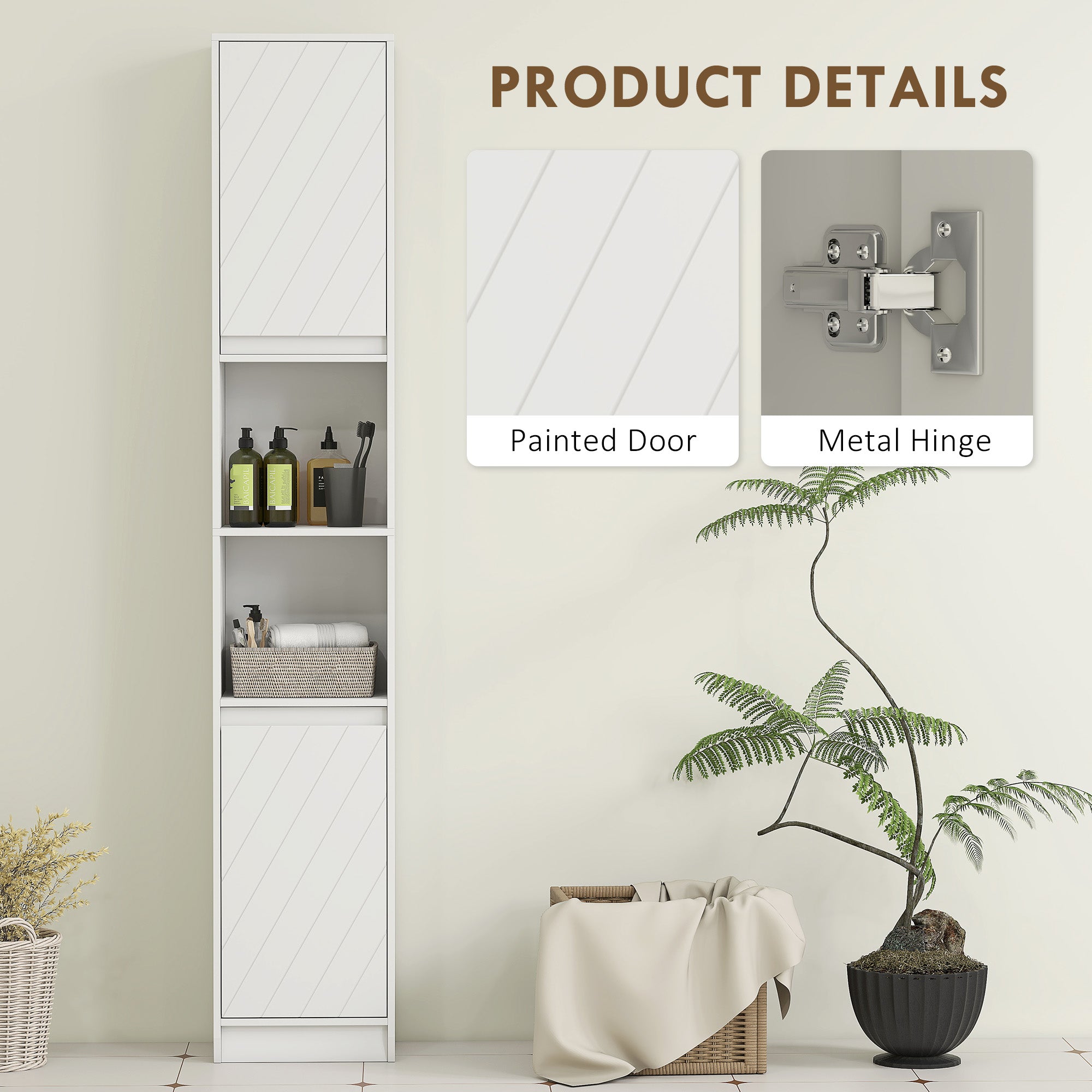Narrow Bathroom Cabinet, Slim Bathroom Storage Unit with Open Compartment, Freestanding Storage Cupboard with Adjustable Shelves for Small Spaces, 30 x 24 x 170 cm, White