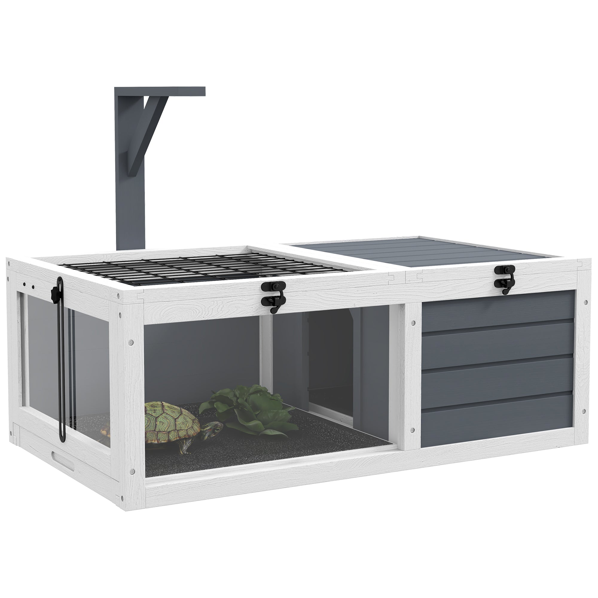 Tortoise Table with Wooden Lamp Holder, Wooden Tortoise House w/ Openable Lids, Pull-Out Trays - Grey