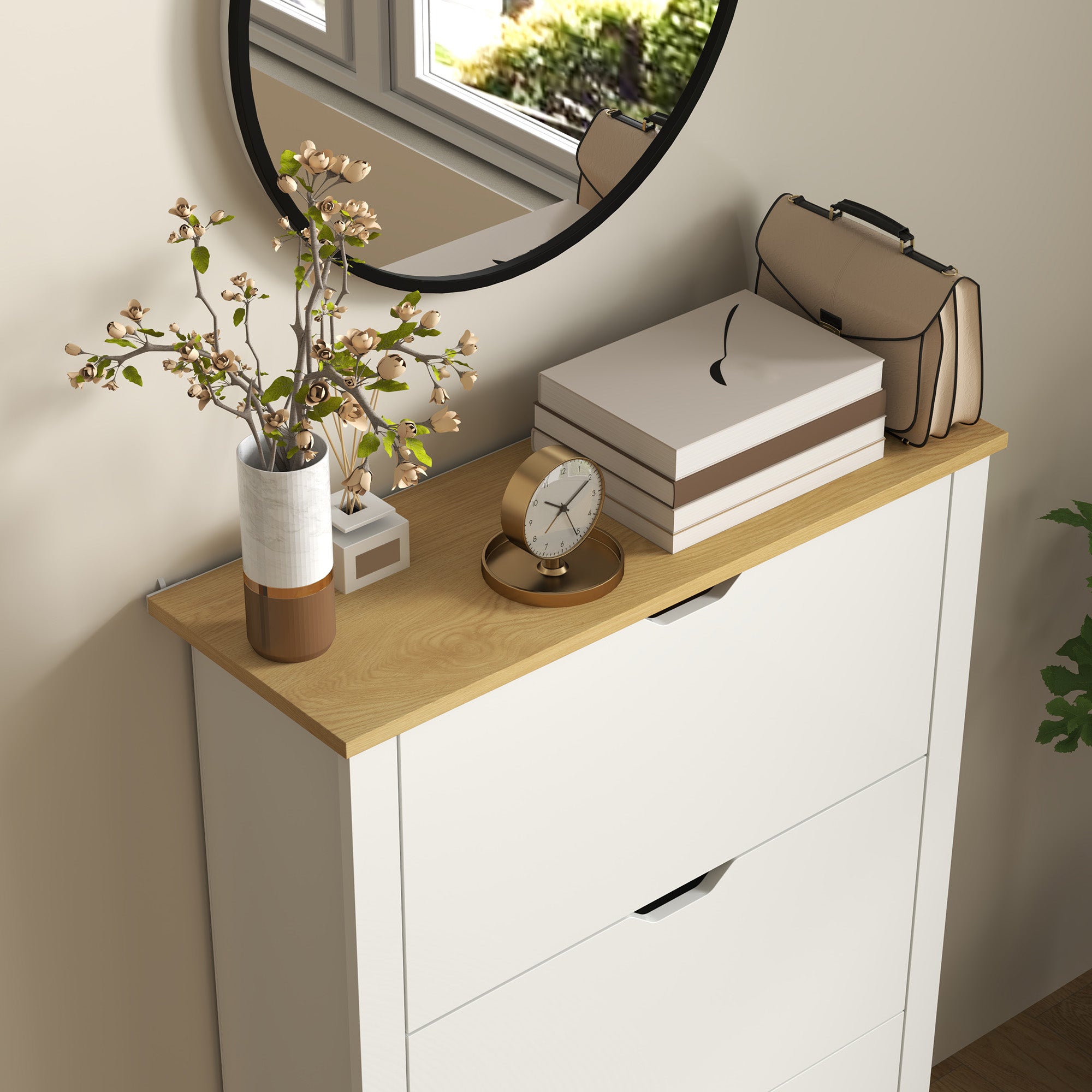 Slim Shoe Cabinet, Narrow Shoe Cupboard with 3 Flip Drawers, Adjustable Shelves for 18 Pairs of Shoes, High Gloss White