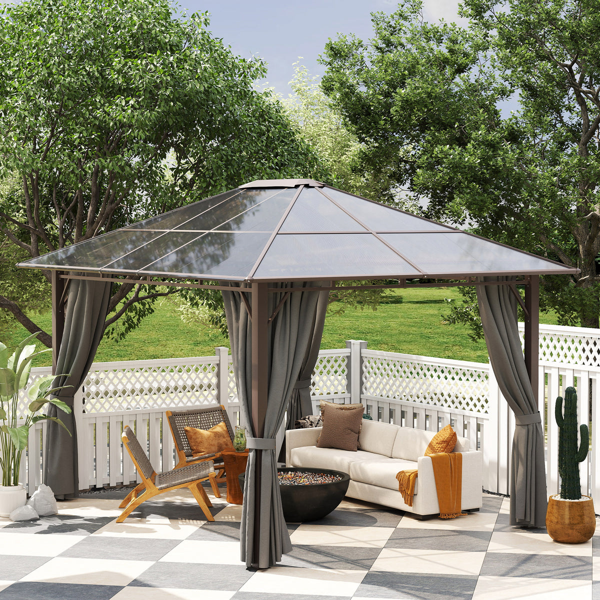 3.6 x 3 Metre Hardtop Gazebo with Polycarbonate Roof and Curtains - Dark Grey