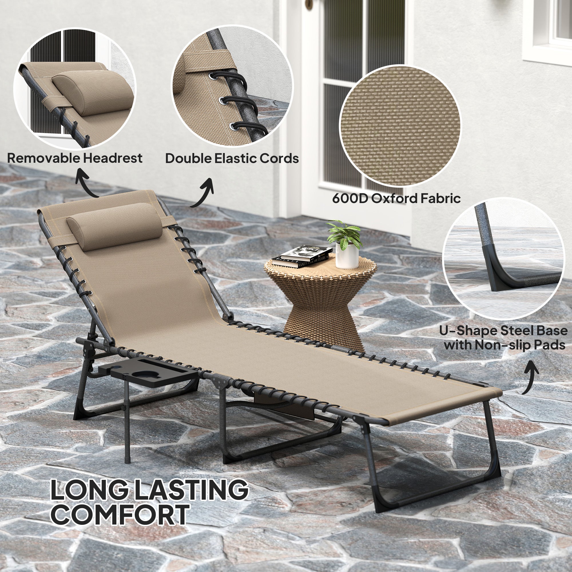 Five-Position Reclining Sun Lounger - Beige