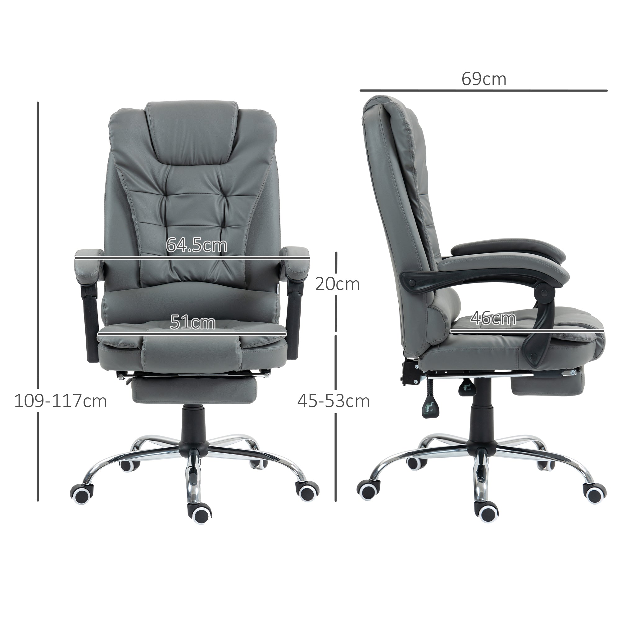 Executive Office Chair, PU Leather Home Office Chair with Swivel Wheels, Reclining Backrest, Retractable Footrest, Grey