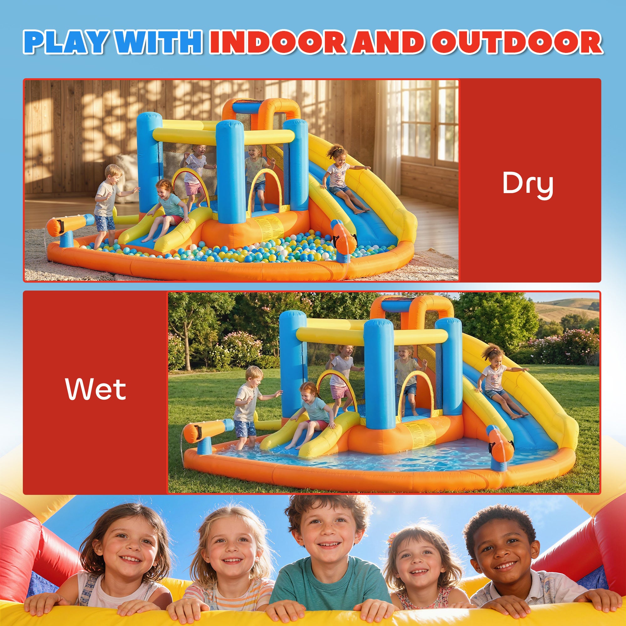 5 in 1 Bouncy Castle for Children, Inflatable Bounce House with Dual Slides, Pool, Climbing Wall, Water Cannons, Blower
