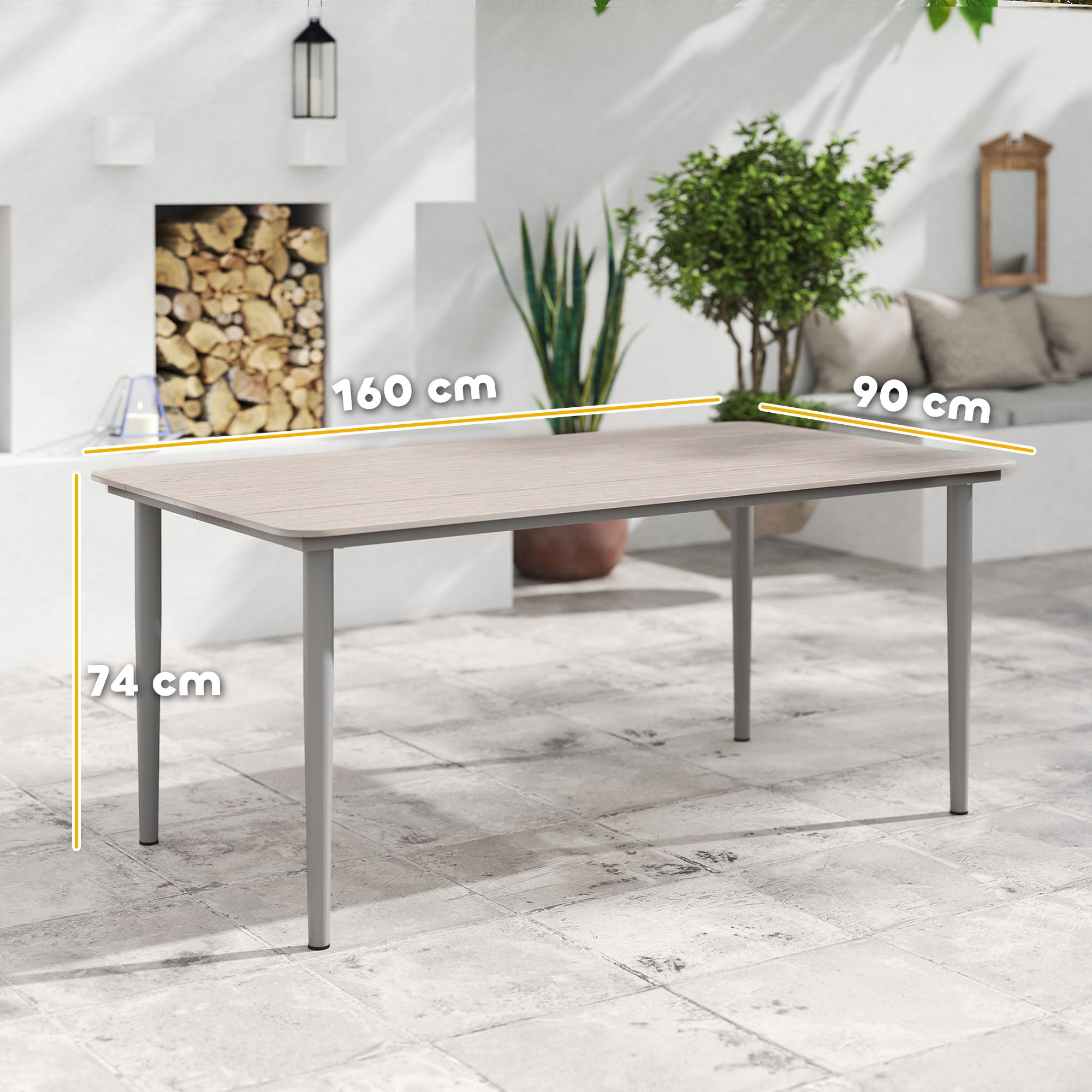 6 Seater Outdoor Garden Dining Table with Rust Resistant Metal Frame - Light Grey