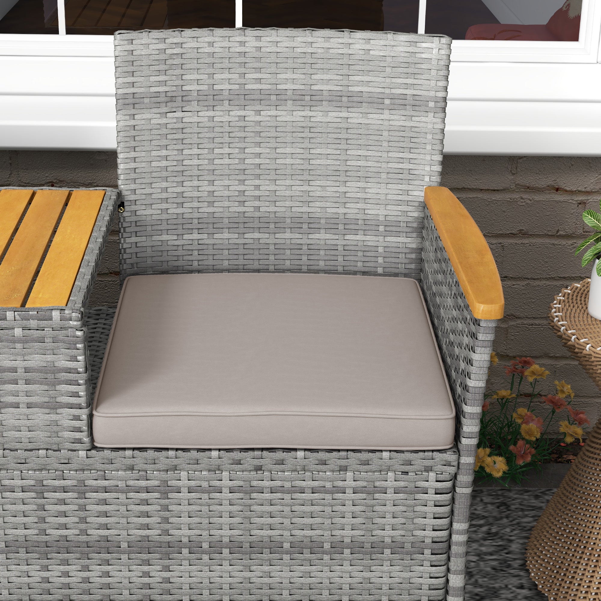 Two-Seat Rattan Loveseat, with Wood-Top Middle Table - Grey