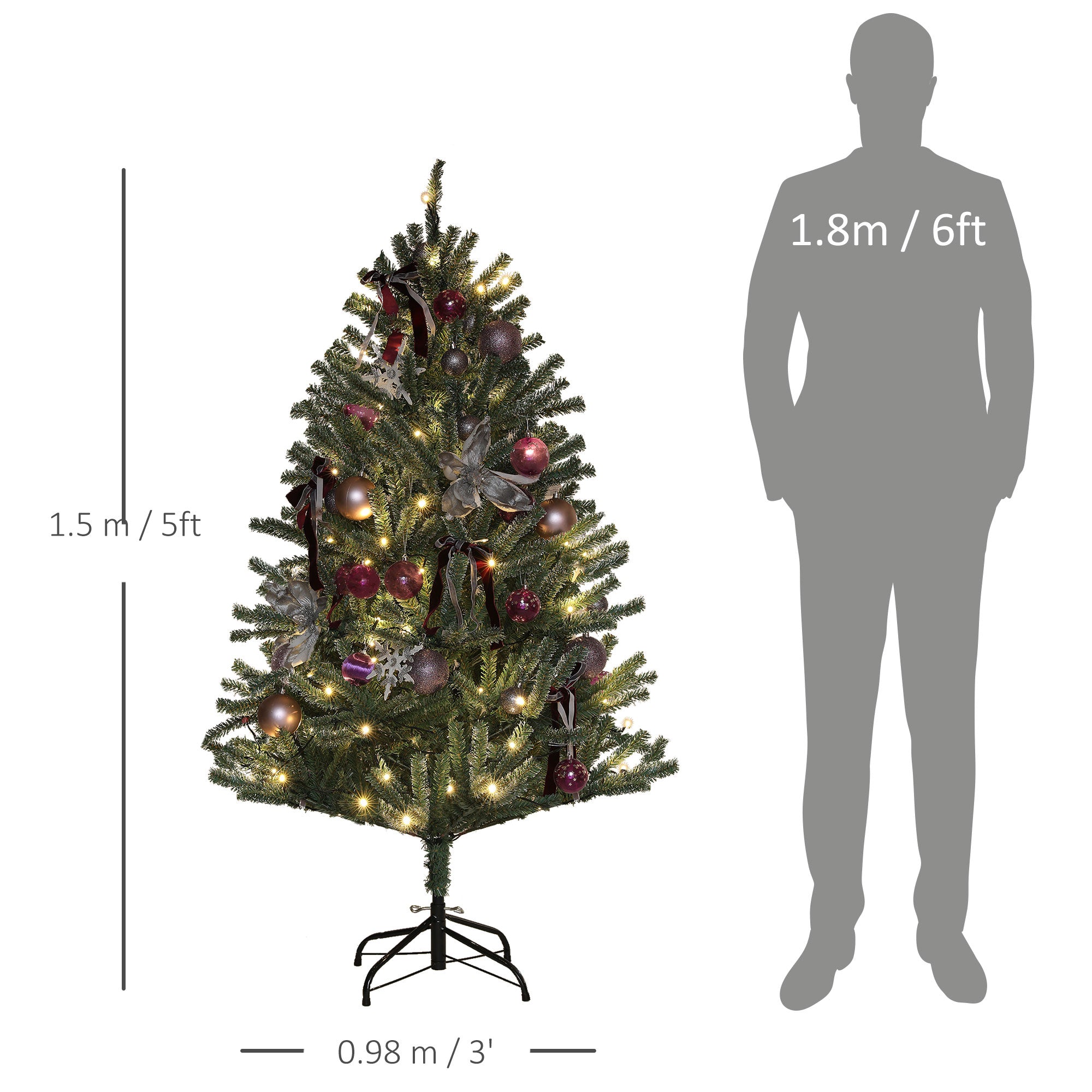 5ft Artificial Prelit Christmas Tree with Warm White LED Lights and 486 Tips, Metal Stand, Xmas Tree with Purple Ornaments for Home Office Holiday