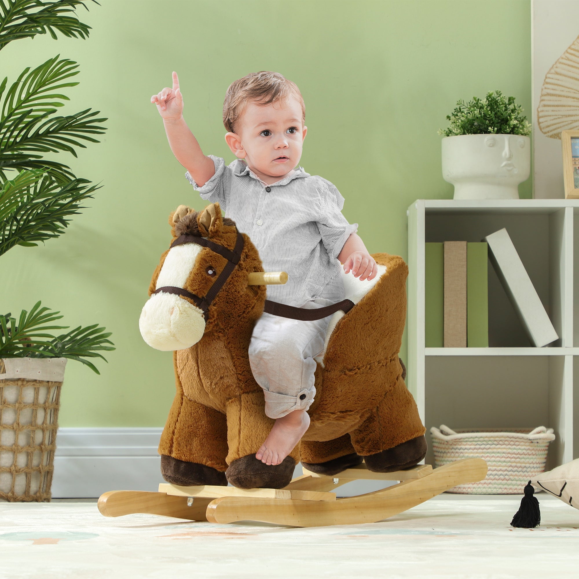 Kids Rocking Horse, Plush Ride on Horse, with Sound, Wood Base, for Ages 18-36 Months, Brown