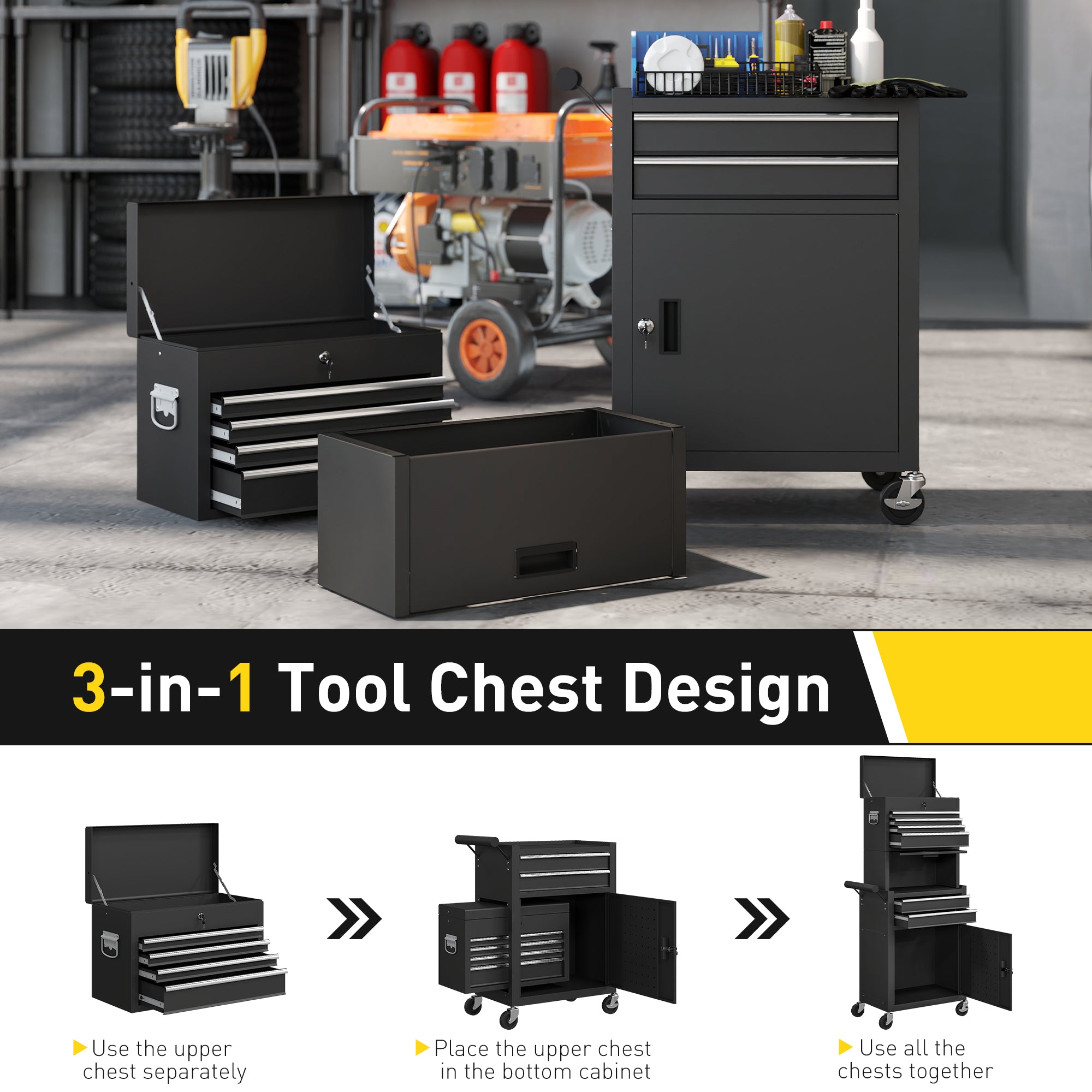 Three-Part Steel Locking Tool Chest - Black