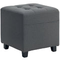 Square Small Ottoman Footstool with Side Pocket, Padded Linen Seat, Rubber Wood Legs, 35x35x35cm - Grey