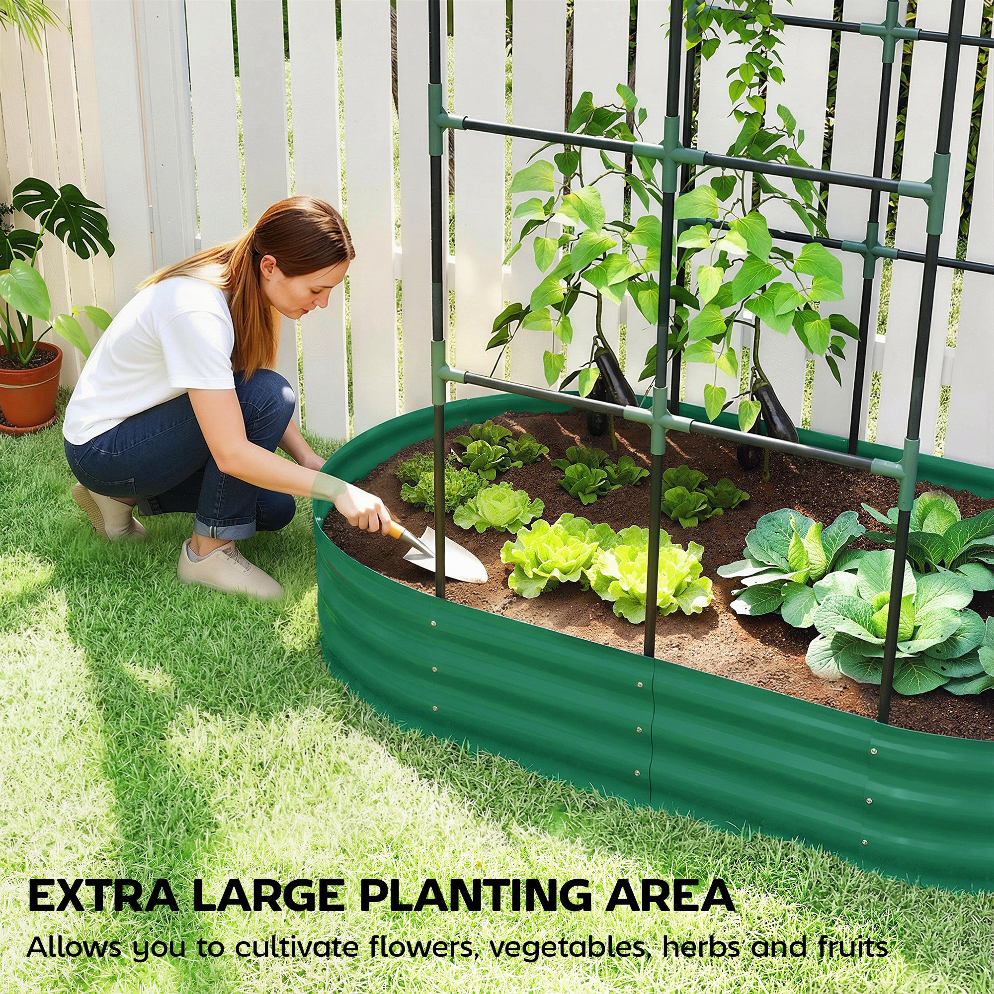 Galvanised Raised Garden Bed with Arched Trellis, 5 x 3 x 6ft Metal Raised Bed for Garden with Open Bottom, Green